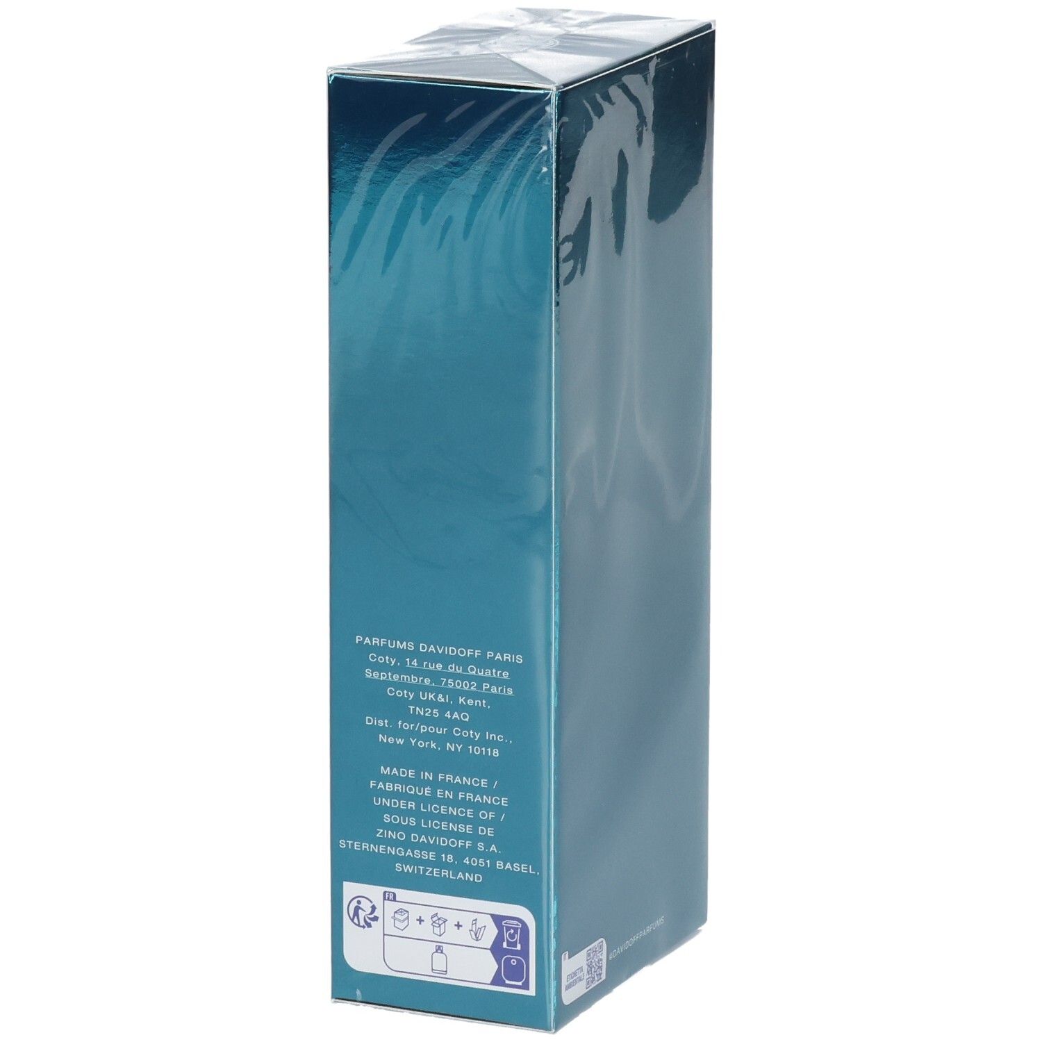 Davidoff Cool Water Man Eau de Toilette, côté avec informations de fabrication et symboles de recyclage.
