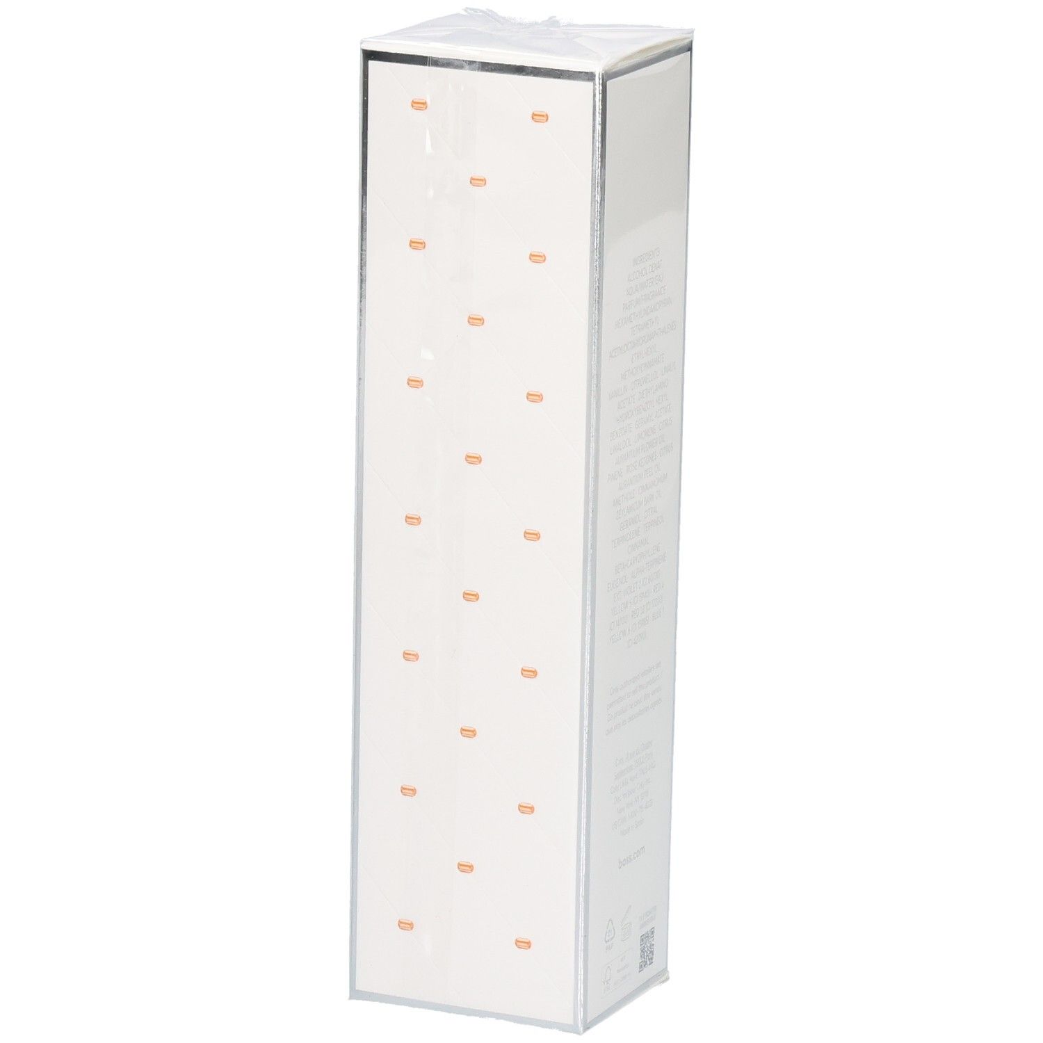 Boîte Hugo Boss Orange Woman Eau de Toilette, côté avec motif.