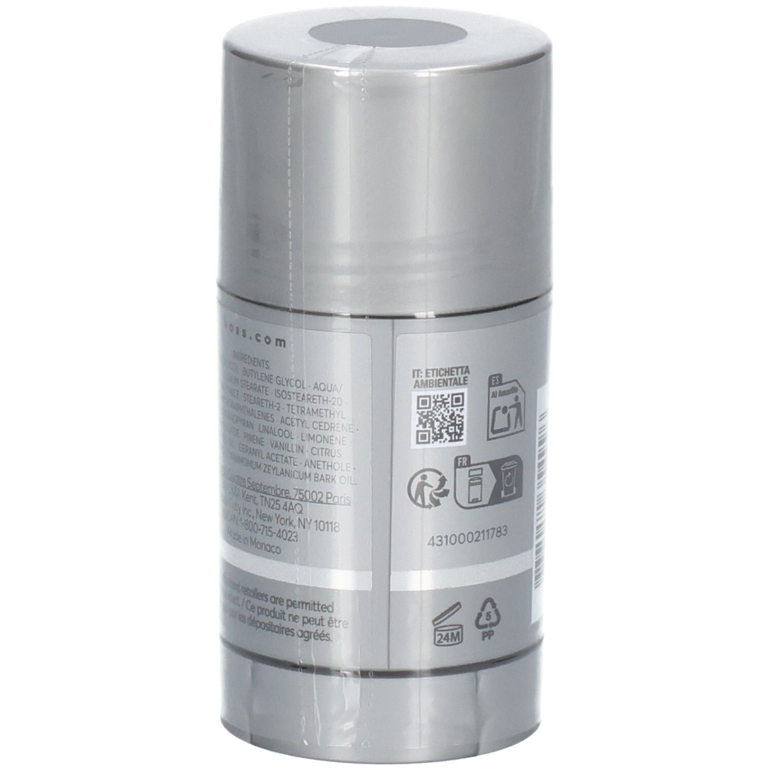 Hugo Boss Bottled Déodorant Stick, dos avec liste des ingrédients et QR code.