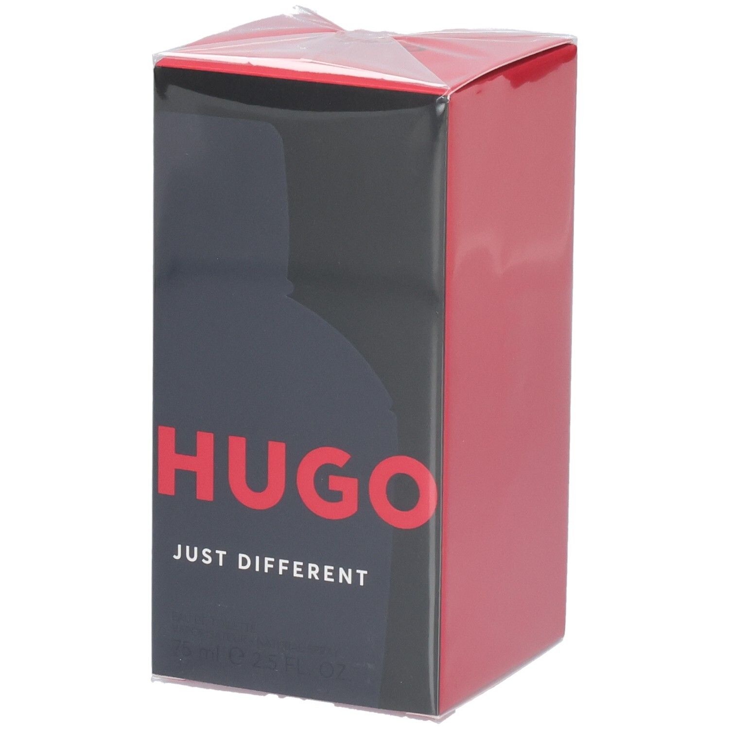 Emballage carton Hugo Boss Just Different Eau de Toilette, face avant avec design rouge et noir.