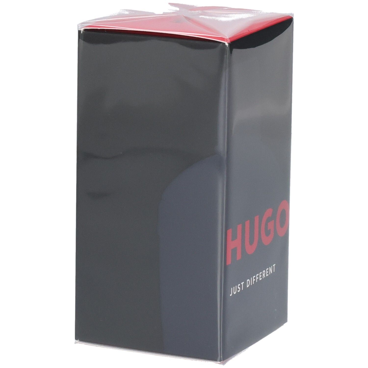 Emballage carton Hugo Boss Just Different Eau de Toilette, côté avec design noir et lettrage rouge.