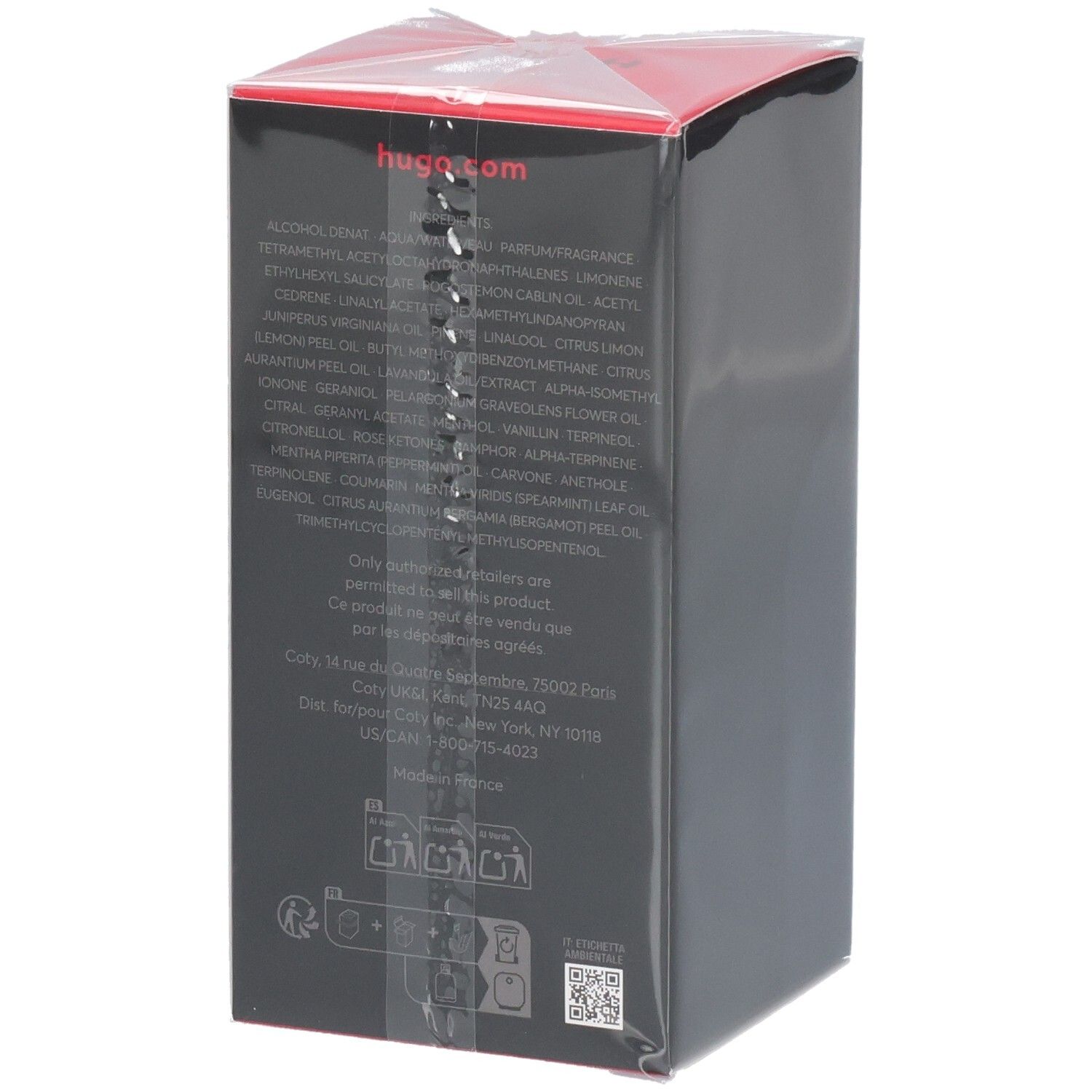 Emballage carton Hugo Boss Just Different Eau de Toilette, arrière avec liste des ingrédients et instructions.