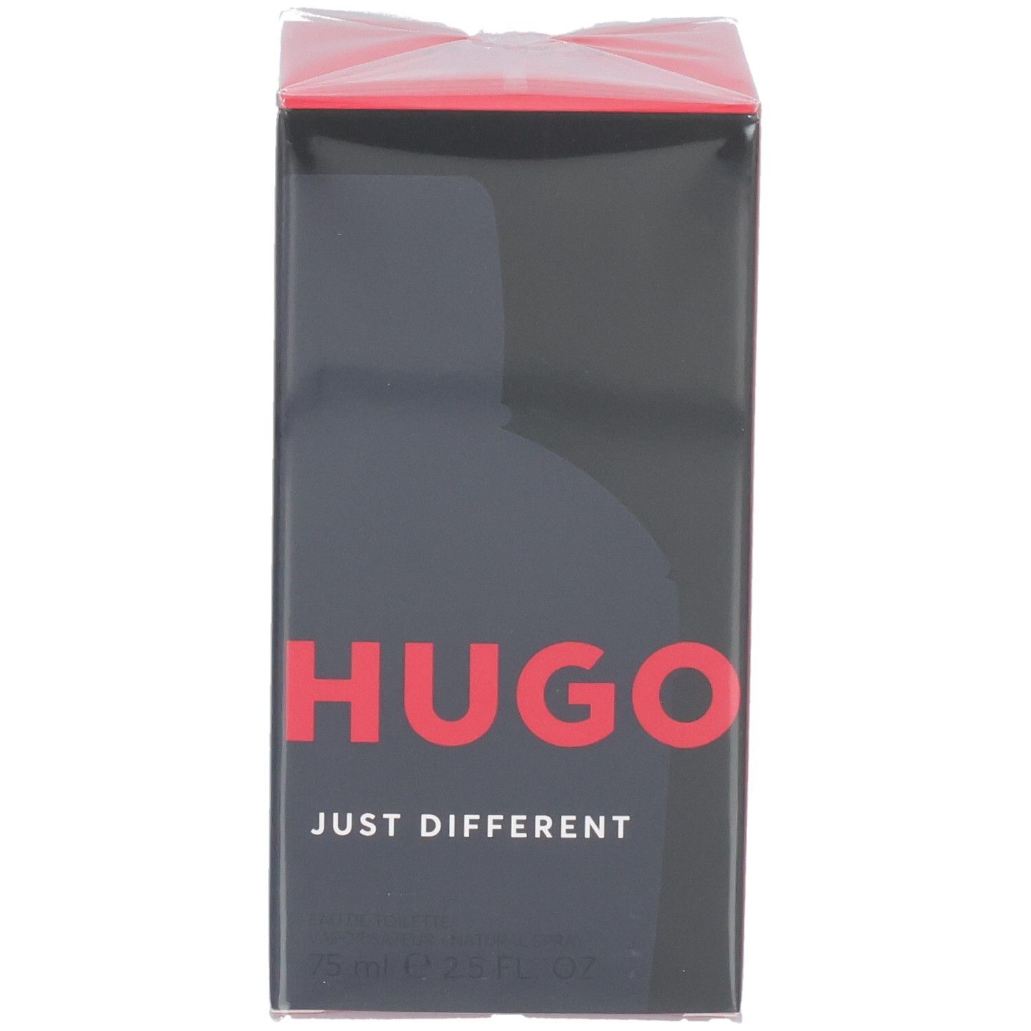 Emballage carton Hugo Boss Just Different Eau de Toilette, face avant avec fond noir et lettrage.