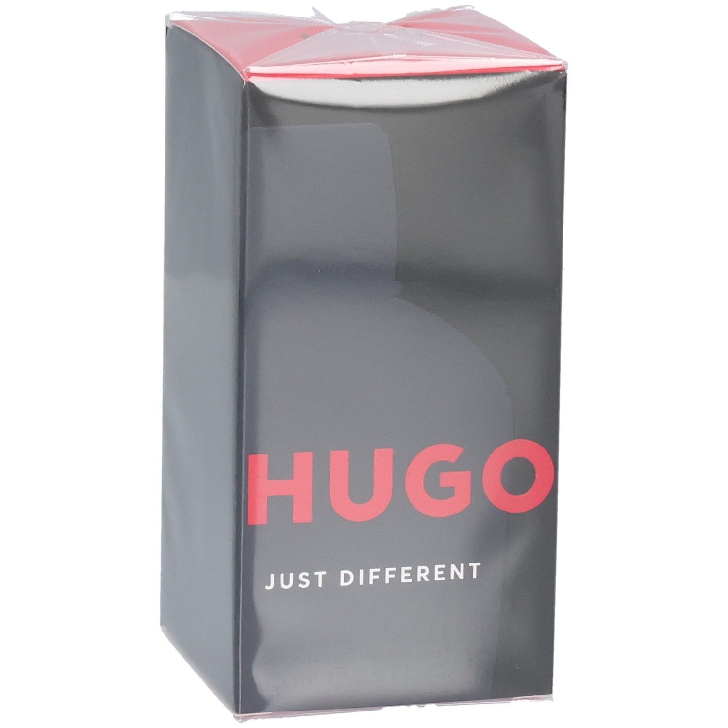 Emballage carton Hugo Boss Just Different Eau de Toilette, côté avec design noir et lettrage rouge.