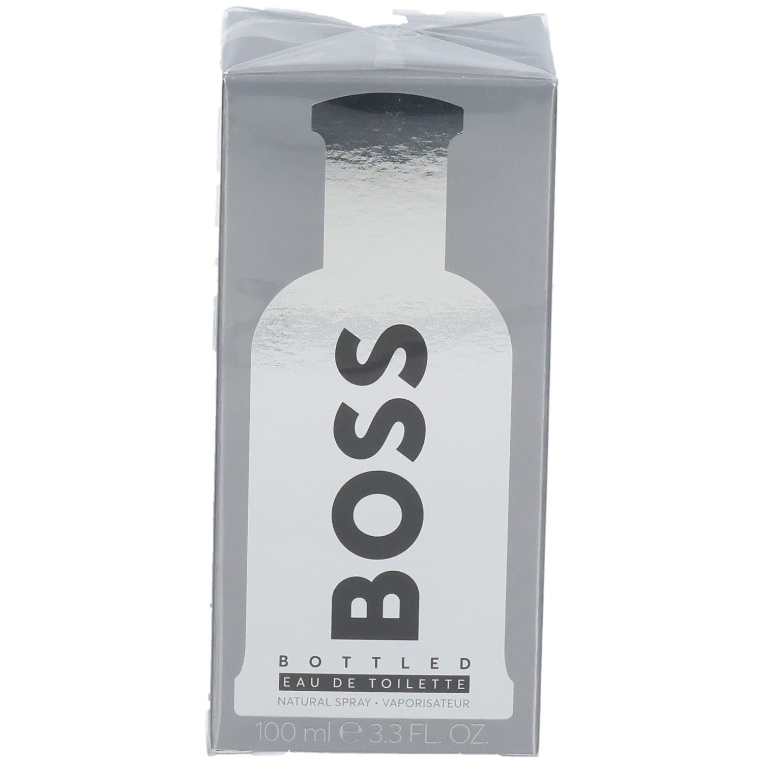 Avant de l'emballage de BOSS Bottled Eau de Toilette avec image de bouteille.
