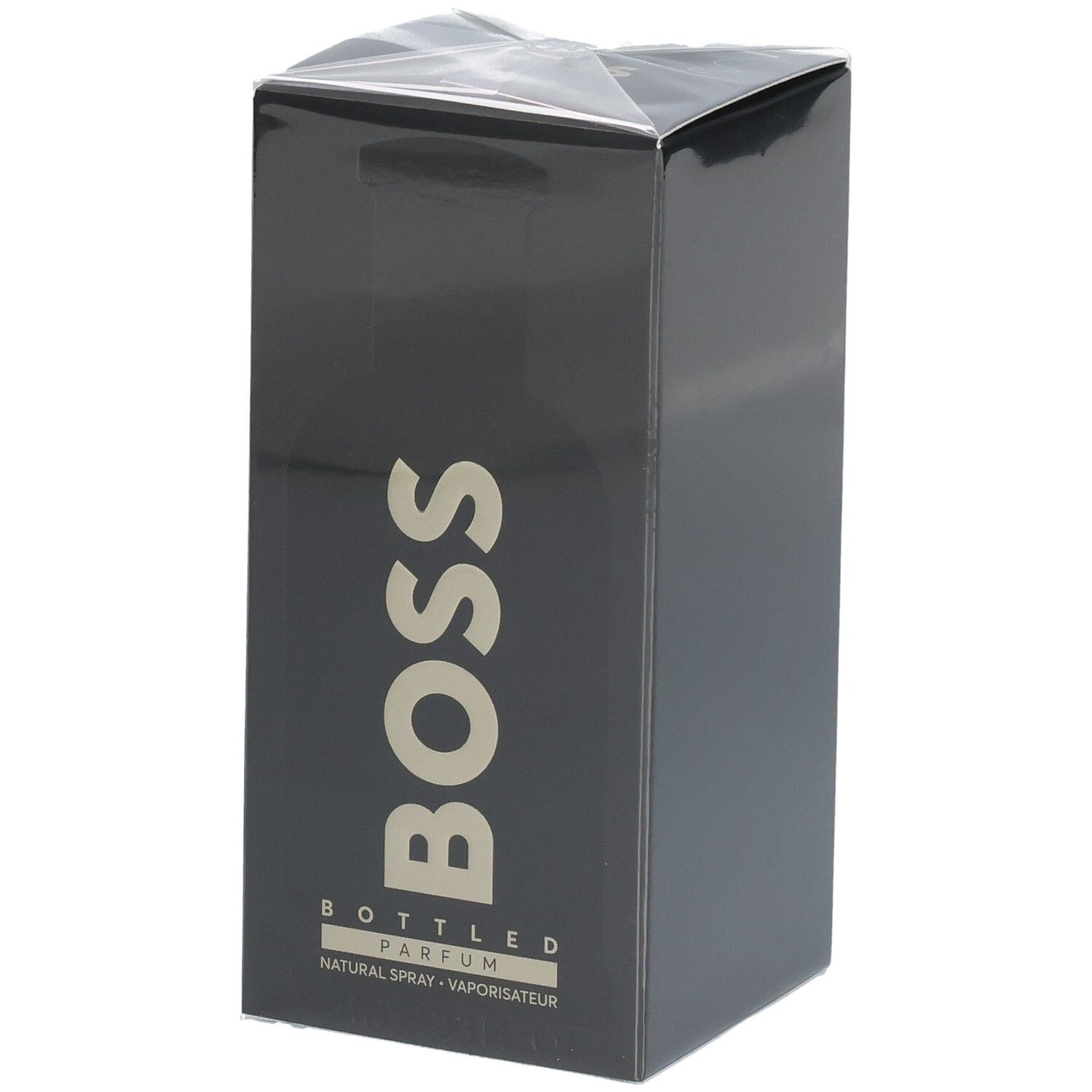 Emballage noir de Boss Bottled Parfum avec inscription dorée.