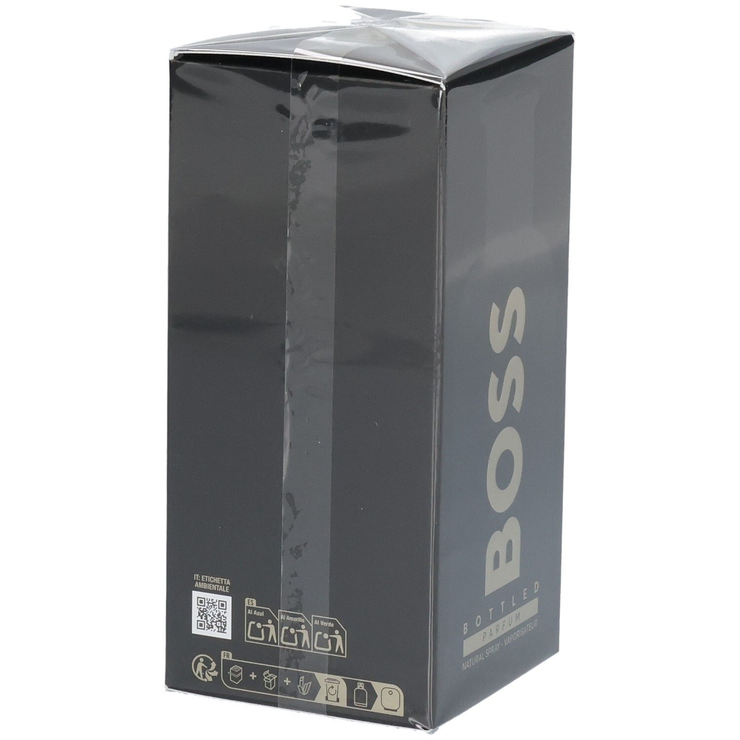 Emballage noir de Boss Bottled Parfum avec inscription dorée et symboles.
