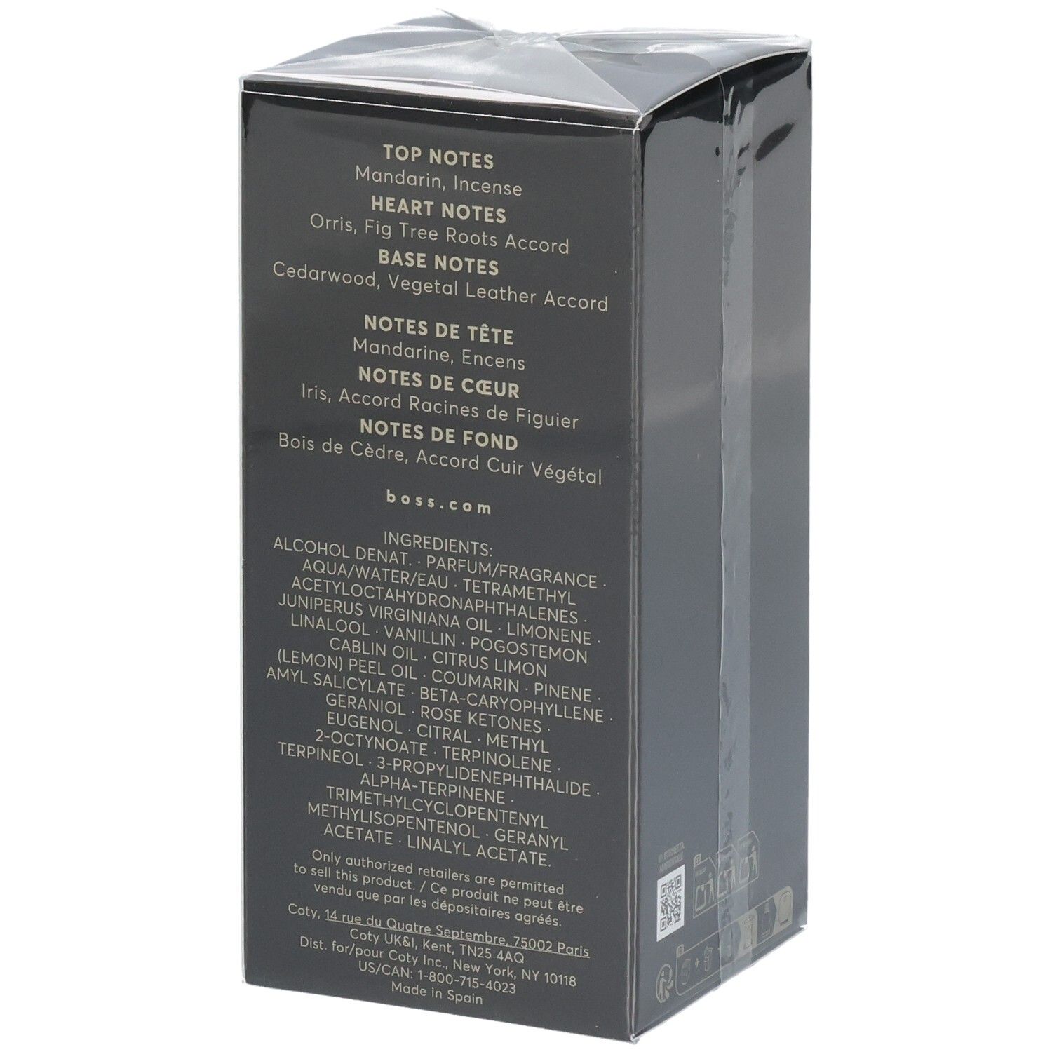 Arrière de l'emballage Boss Bottled Parfum avec notes de parfum et ingrédients.