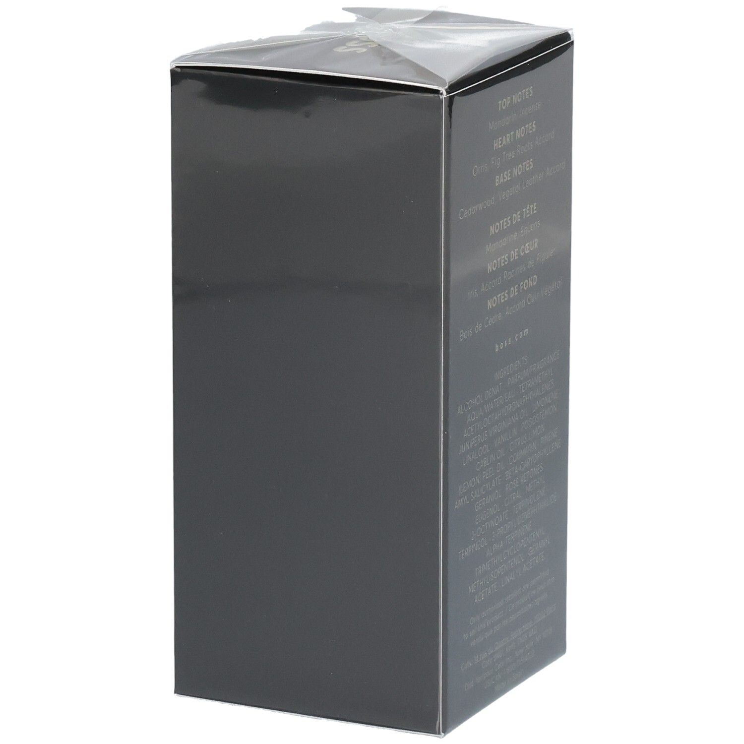 Côté de l'emballage Boss Bottled Parfum avec notes de parfum et ingrédients.