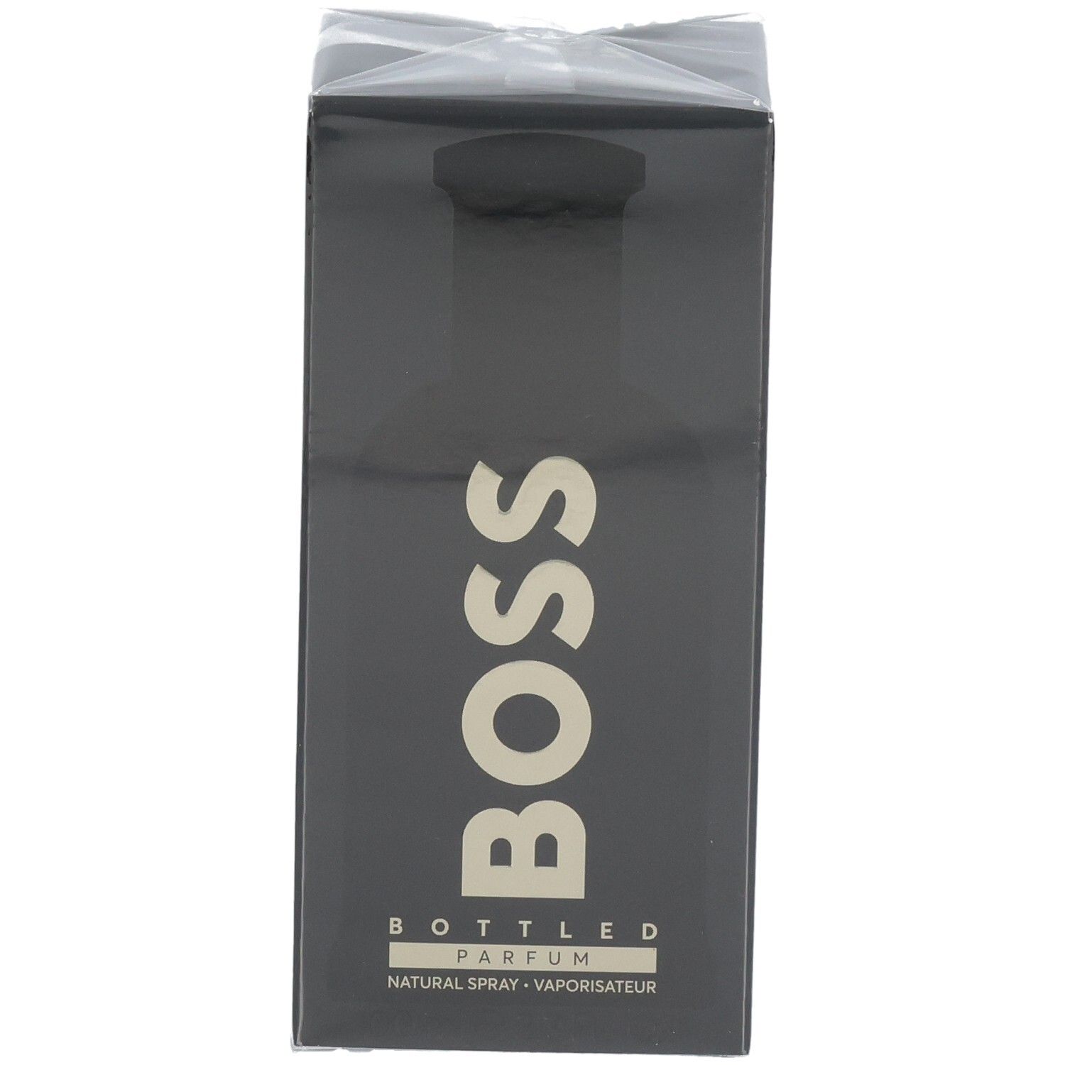 Emballage noir de Boss Bottled Parfum avec inscription dorée.