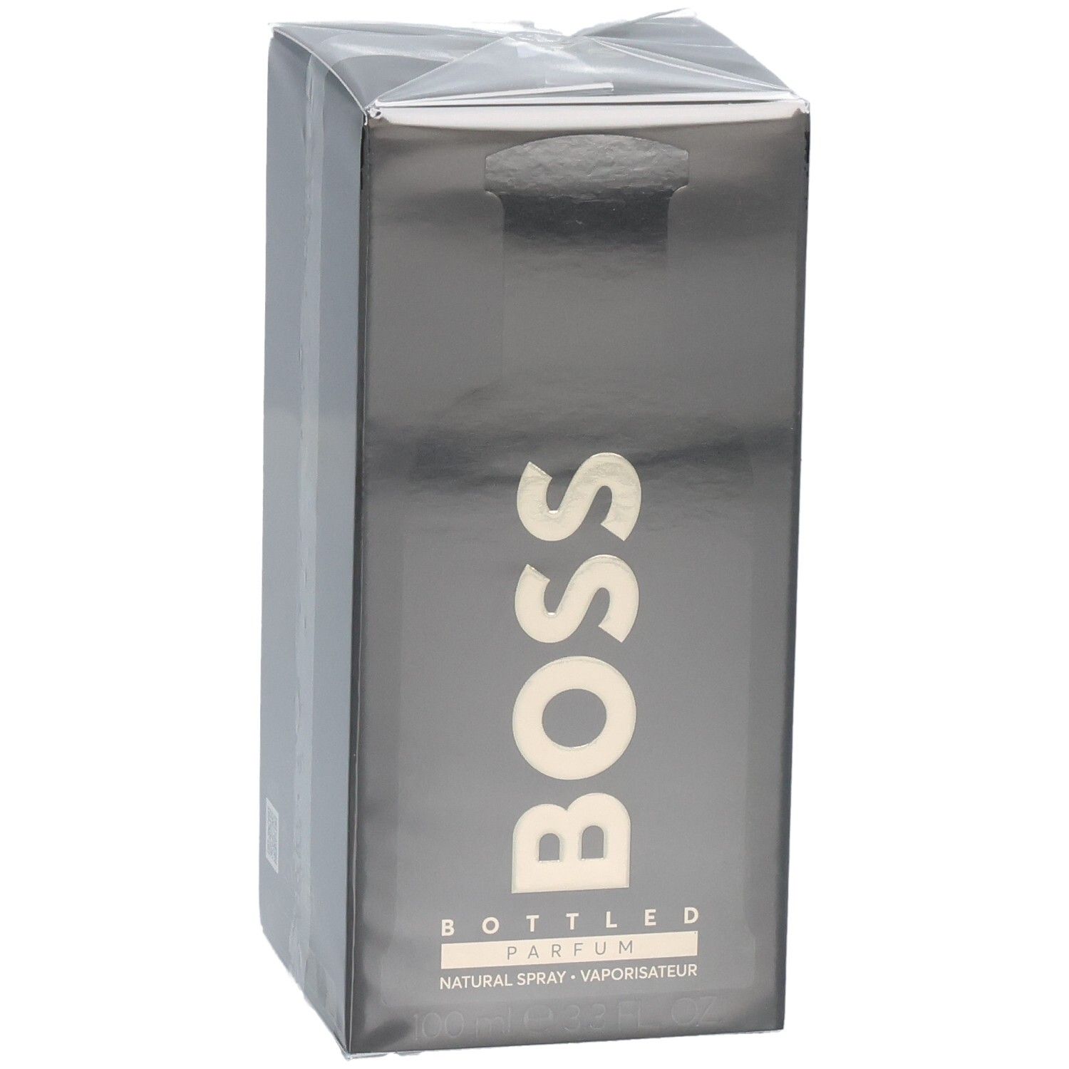 Emballage noir de Boss Bottled Parfum avec inscription dorée.