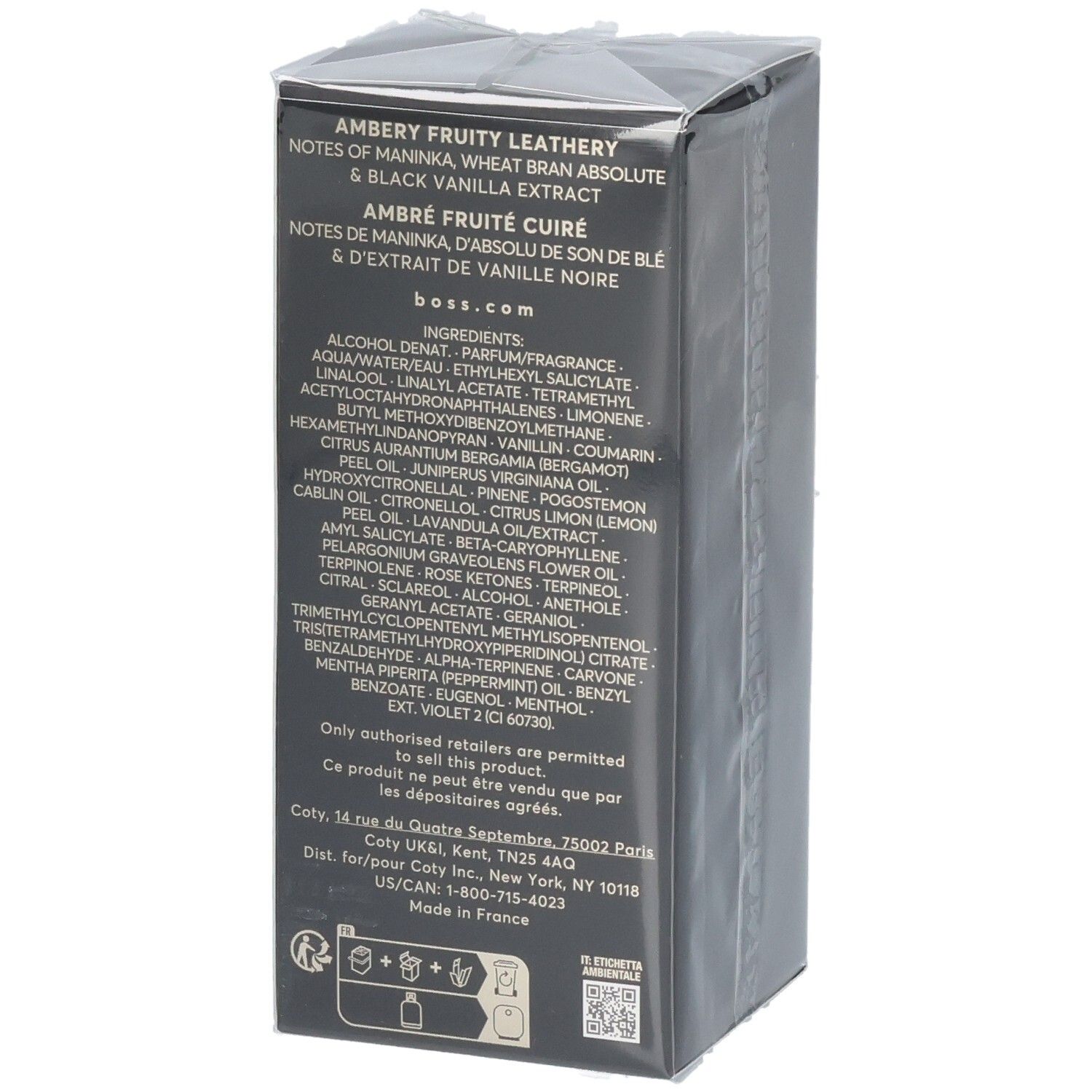 Arrière de l'emballage de BOSS The Scent Magnetic Eau de Parfum avec ingrédients.