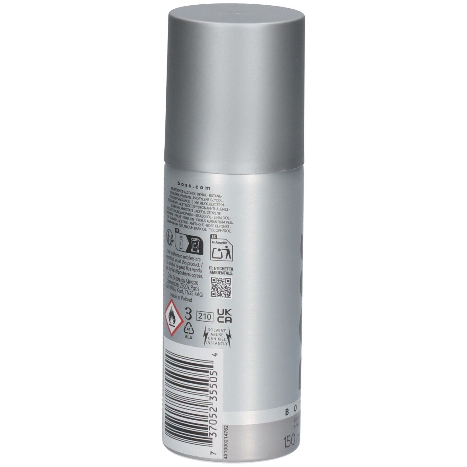 Arrière du spray déodorant BOSS Bottled avec avertissements et code-barres.