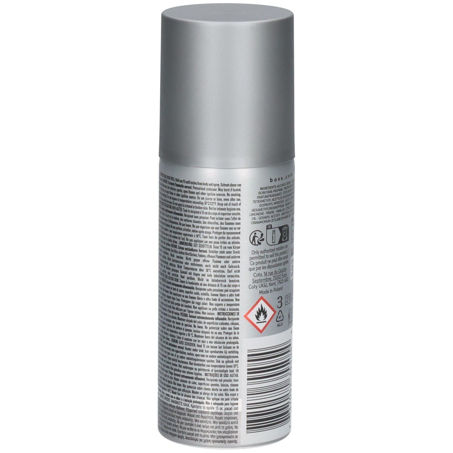 Arrière du spray déodorant BOSS Bottled avec instructions d'utilisation et symboles d'avertissement.