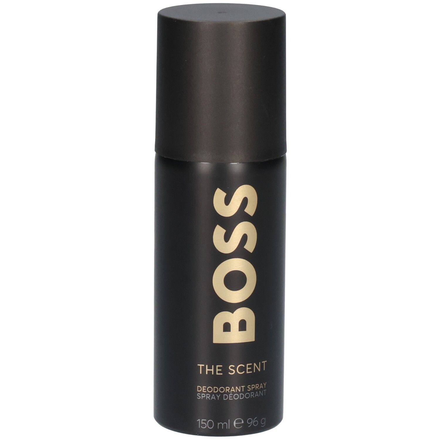 Flacon de déodorant spray noir avec inscription dorée "BOSS THE SCENT" et capuchon noir.