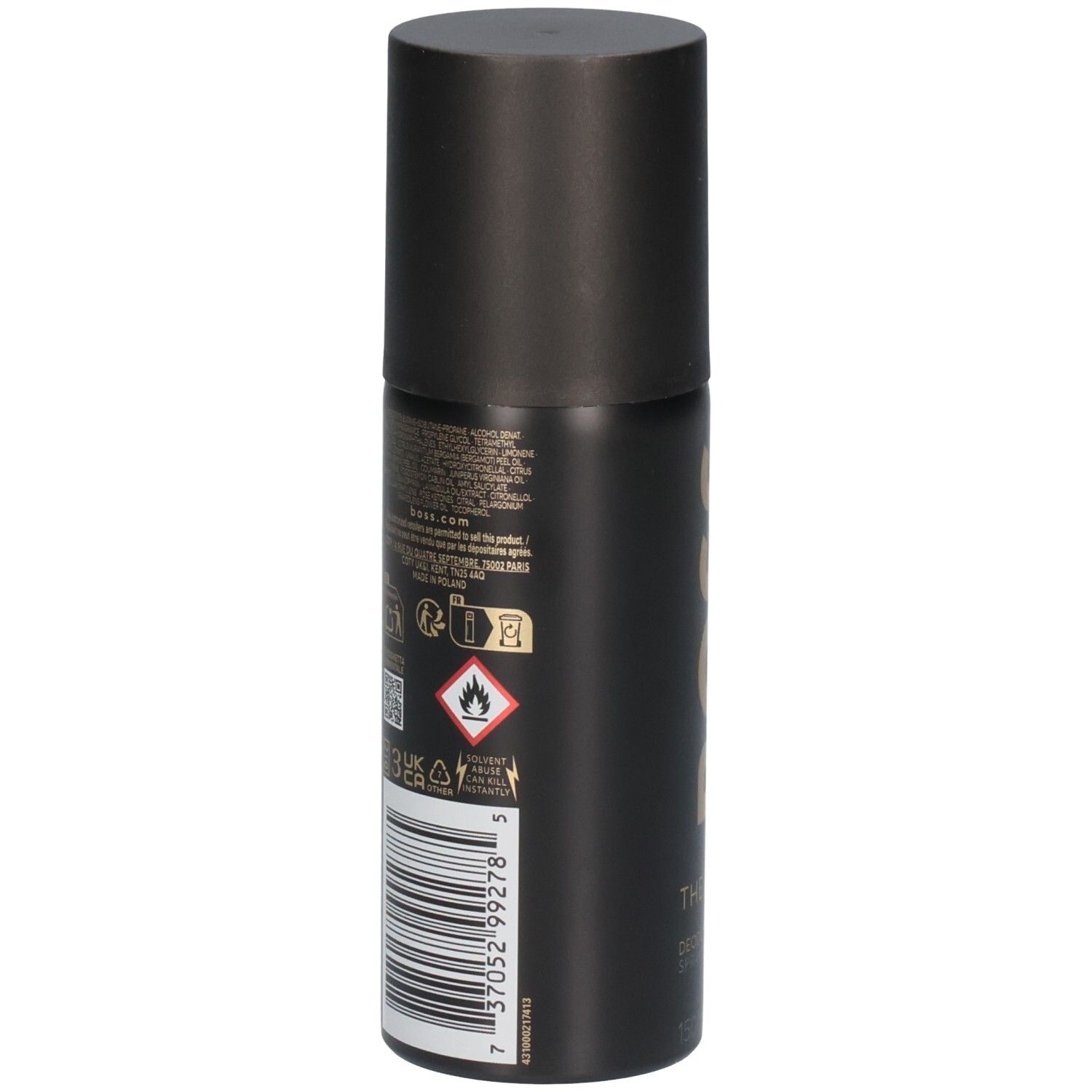 Arrière d'un flacon de déodorant spray noir avec symboles d'avertissement et code-barres.