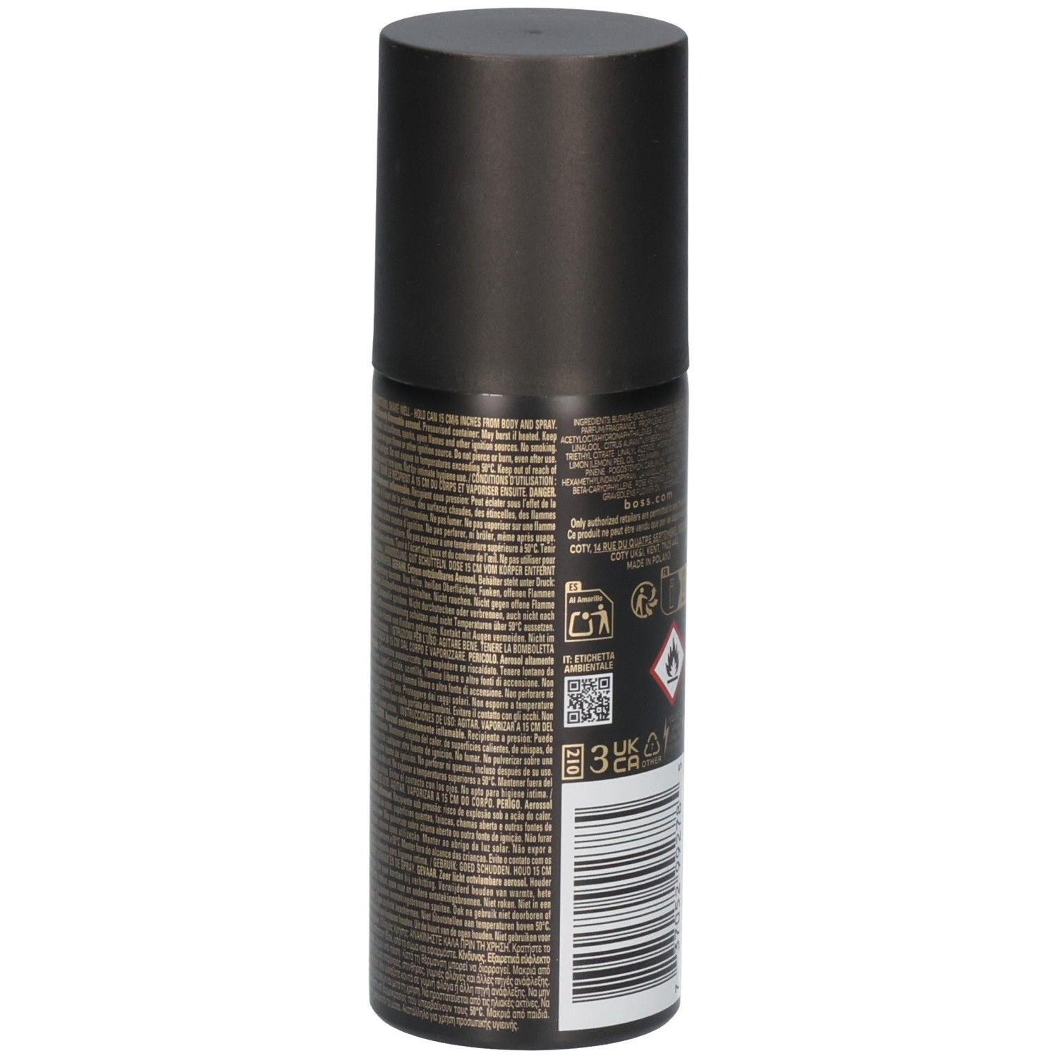 Côté d'un flacon de déodorant spray noir avec informations détaillées sur le produit et code-barres.