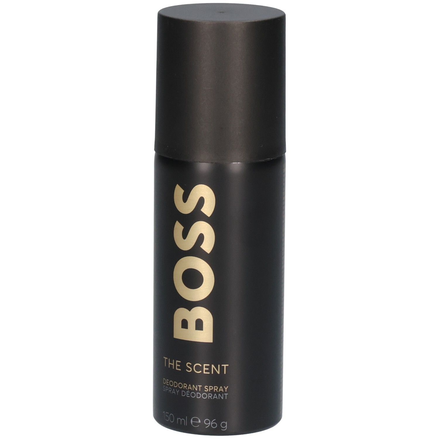 Flacon de déodorant spray noir avec inscription dorée "BOSS THE SCENT" et capuchon noir.