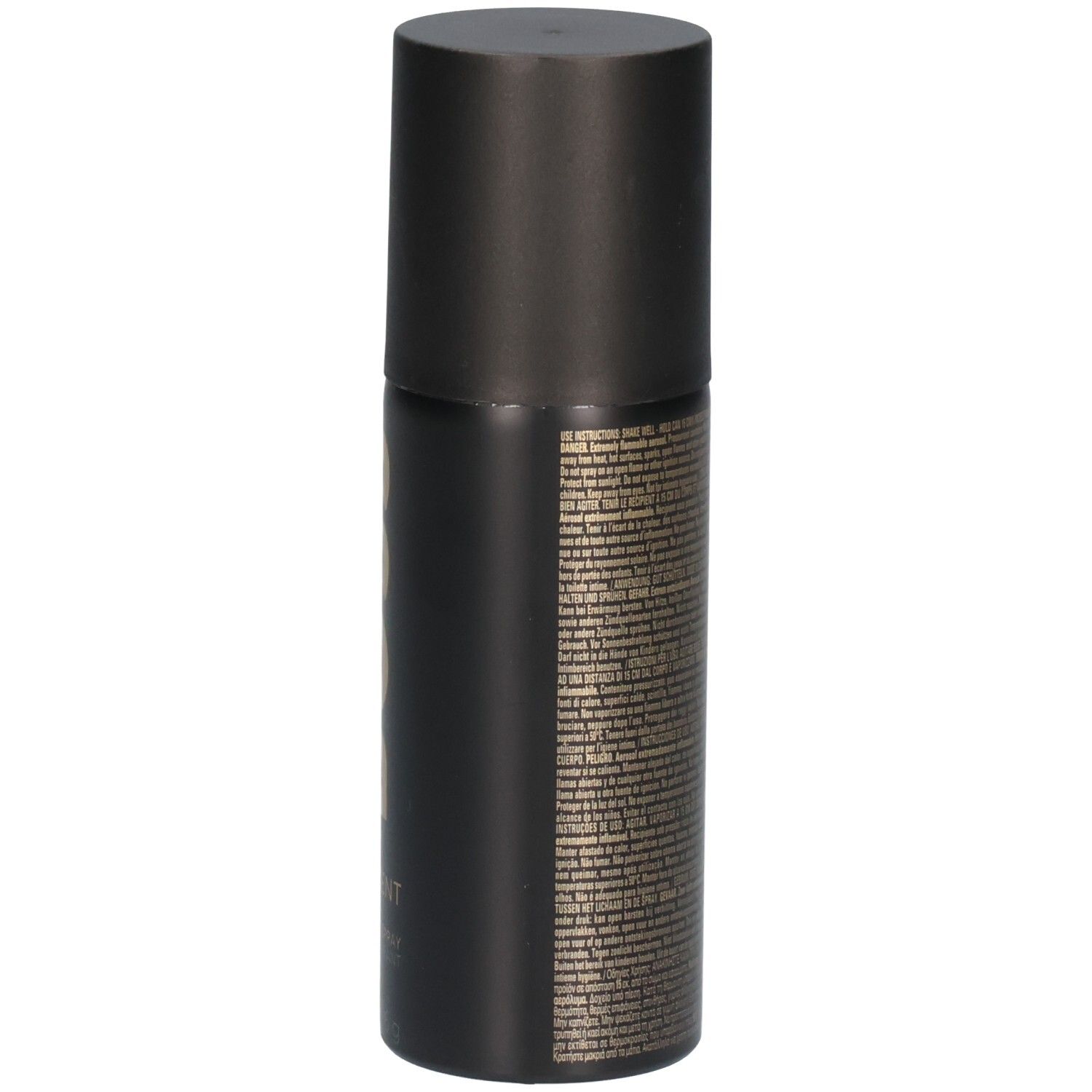 Côté d'un flacon de déodorant spray noir avec texte fin et code-barres.