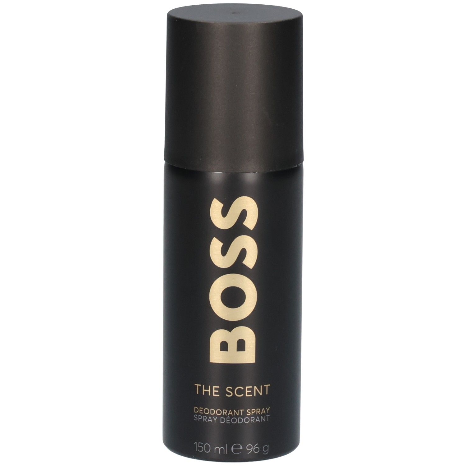 Flacon de déodorant spray noir avec inscription dorée "BOSS THE SCENT" et capuchon noir.