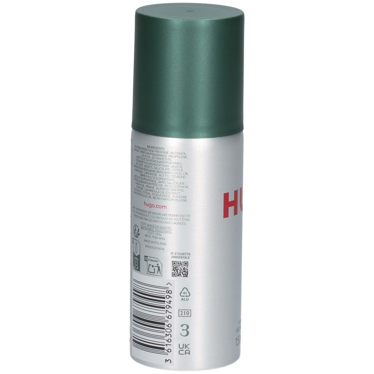 Dos de la bombe de déodorant Hugo Boss Man avec ingrédients et code-barres.
