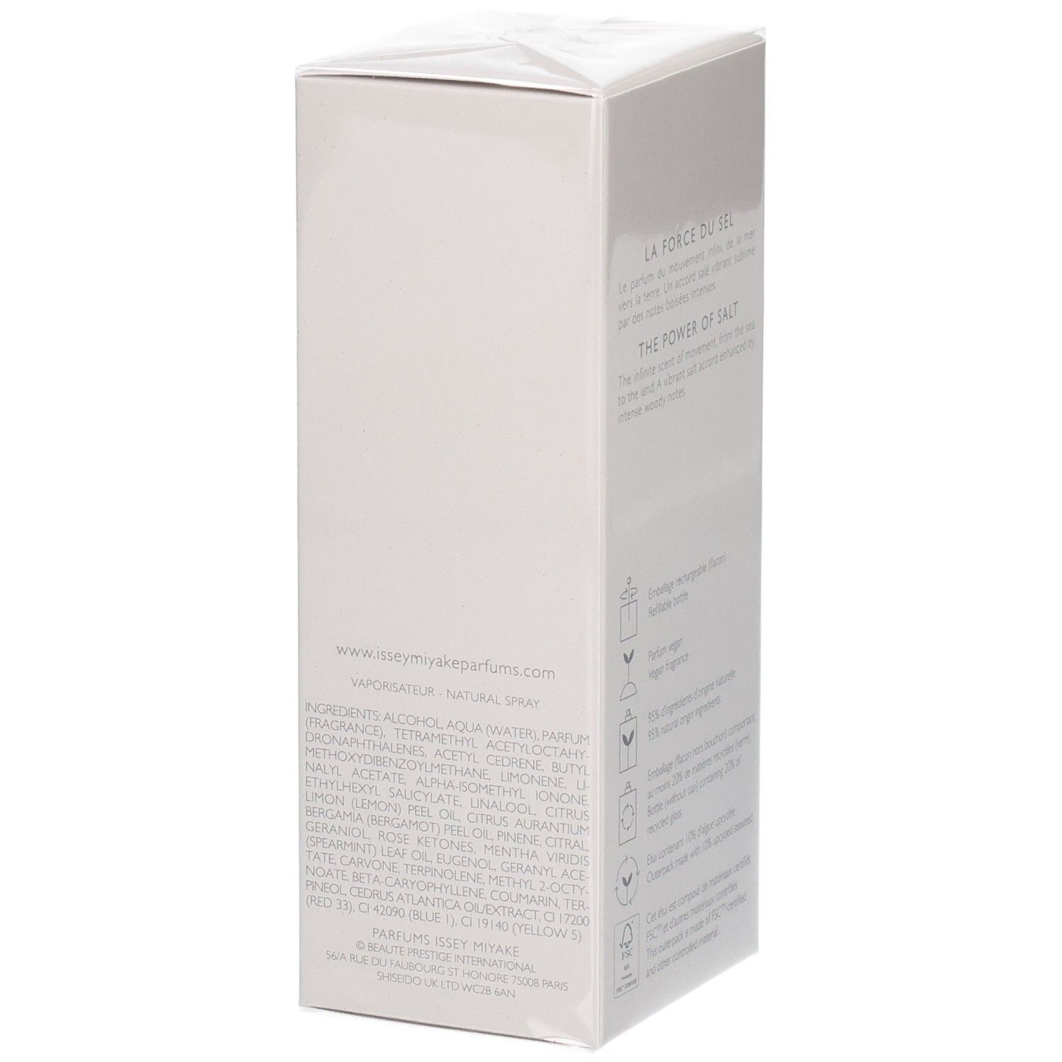 Boîte Issey Miyake Le Sel d'Issey Eau de Toilette avec liste des ingrédients.