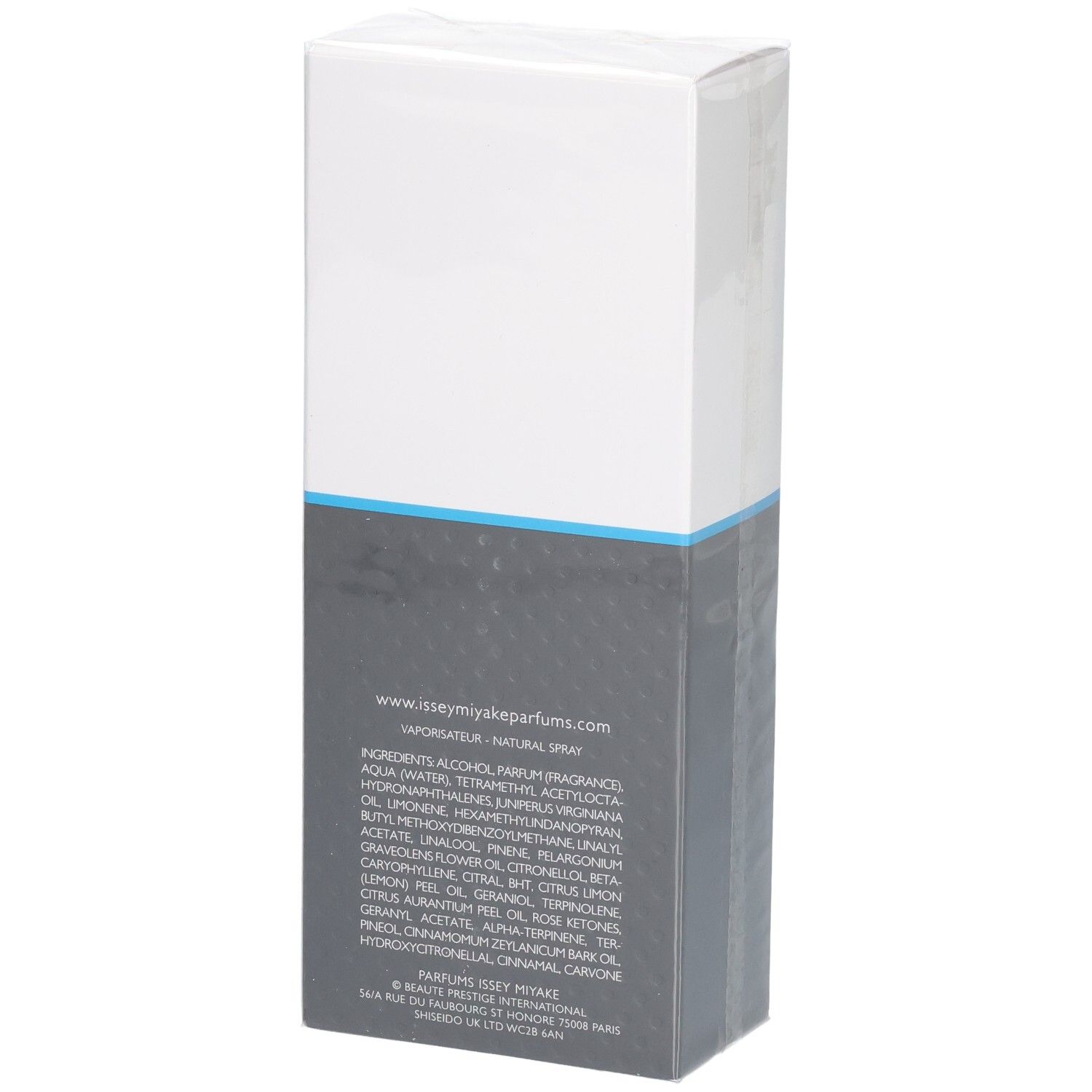 Boîte d'emballage blanche et grise pour un parfum, avec ingrédients et site web visibles.