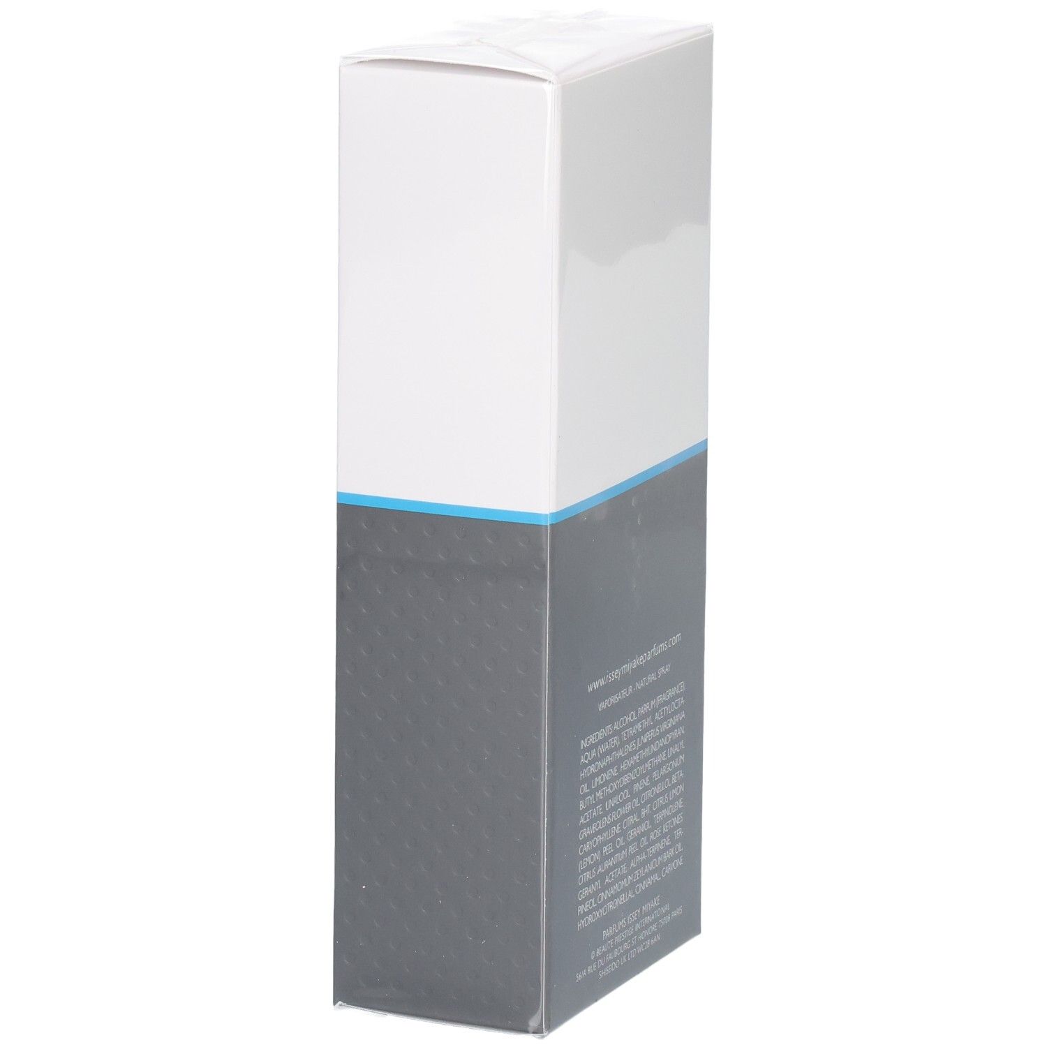 Boîte d'emballage blanche et grise avec une bande bleue.