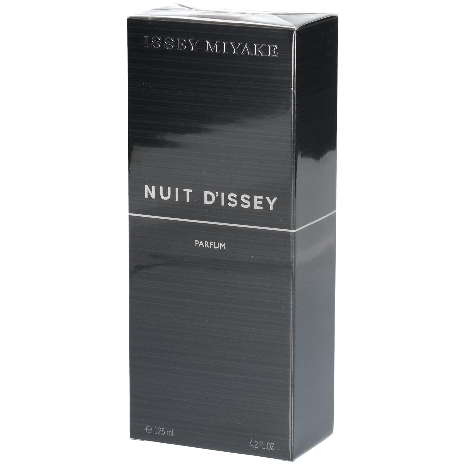 Issey Miyake Nuit d'Issey Parfum Carton, noir, avec texte.
