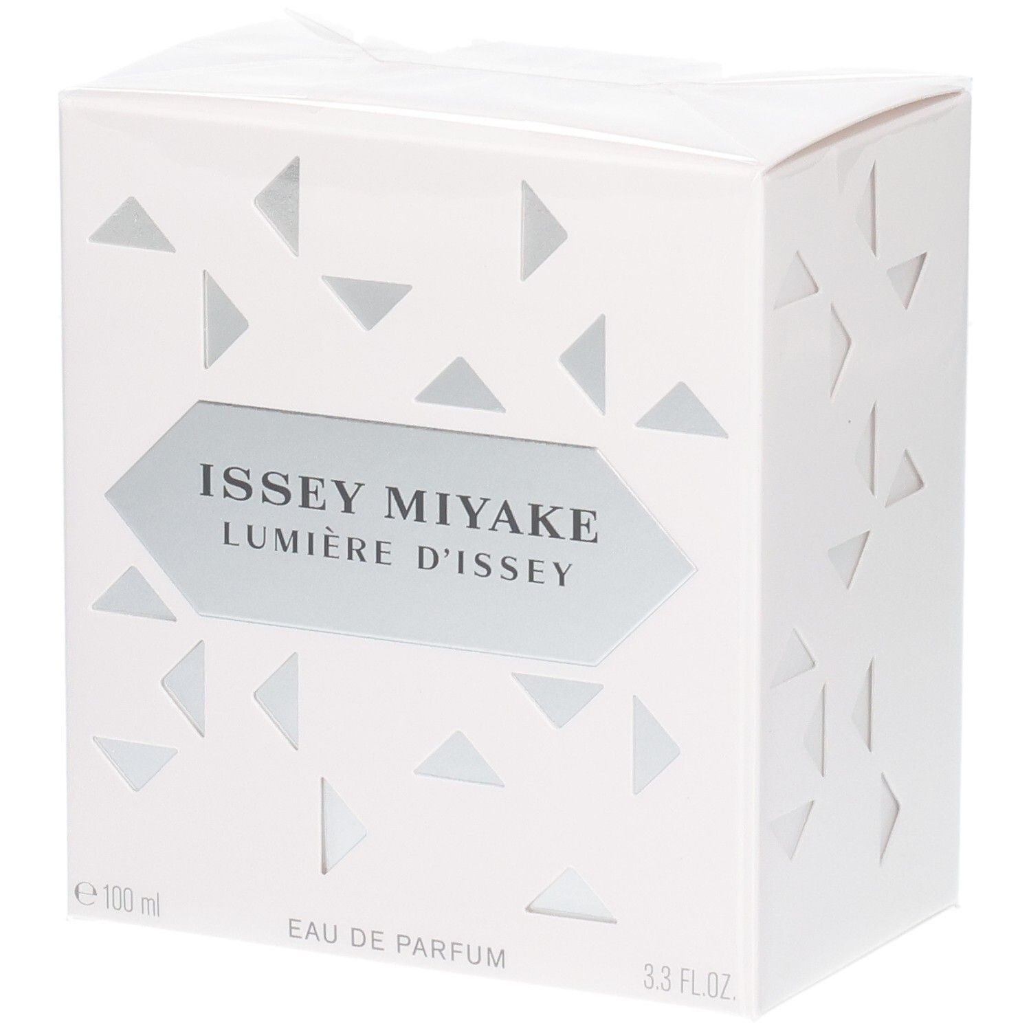 Emballage Issey Miyake Lumière d'Issey Eau de Parfum, blanc avec des triangles géométriques.