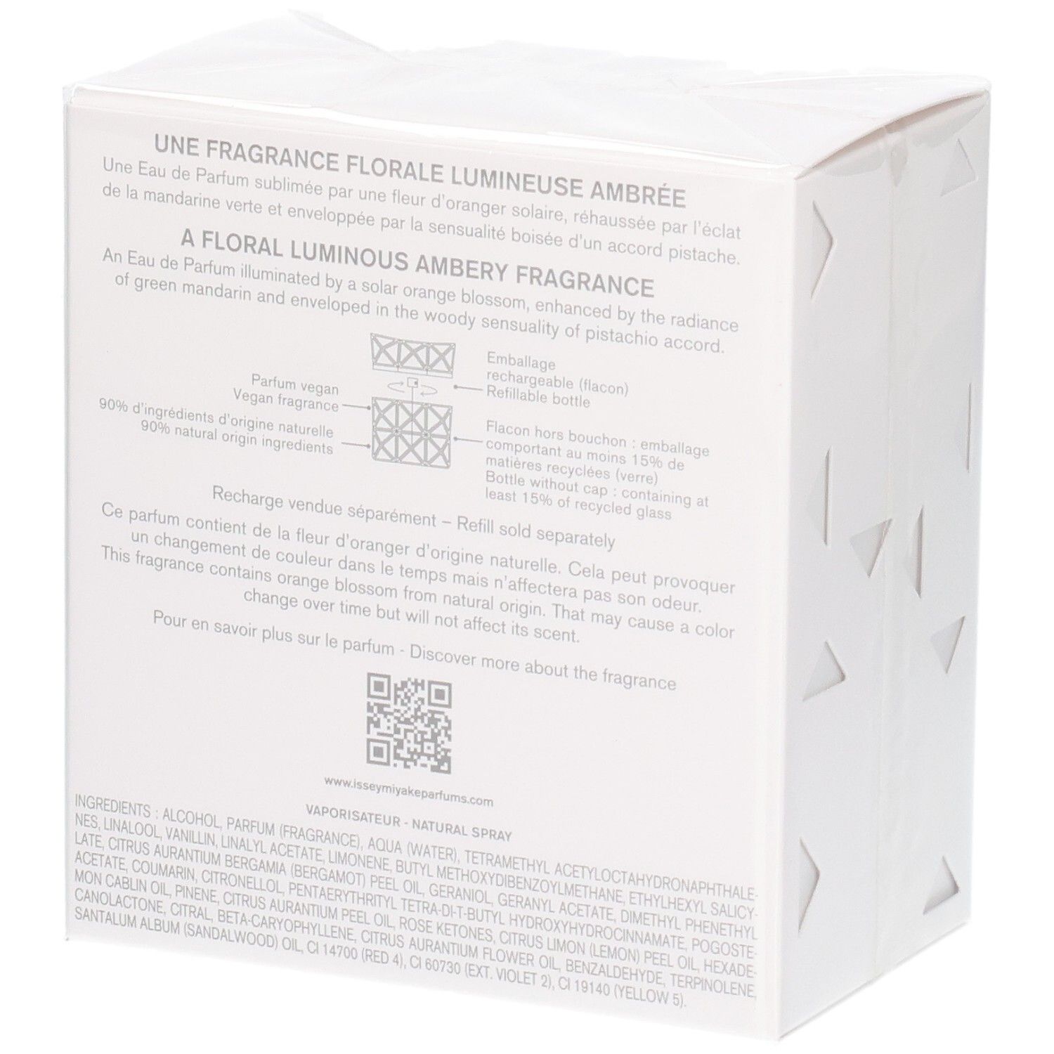 Arrière de l'emballage Issey Miyake Lumière d'Issey Eau de Parfum avec description du parfum et ingrédients.