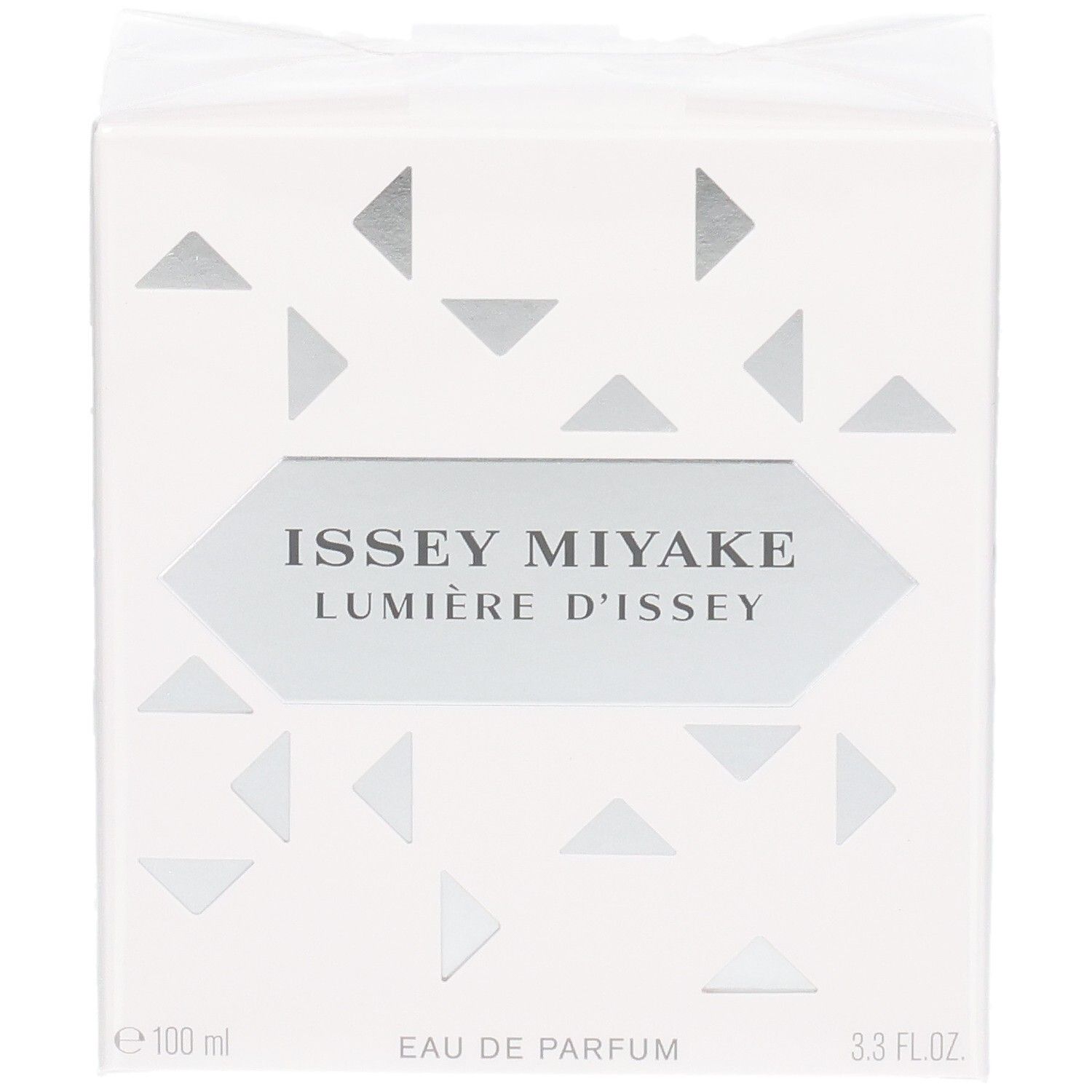 Emballage Issey Miyake Lumière d'Issey Eau de Parfum, face avant, blanc avec des triangles géométriques.