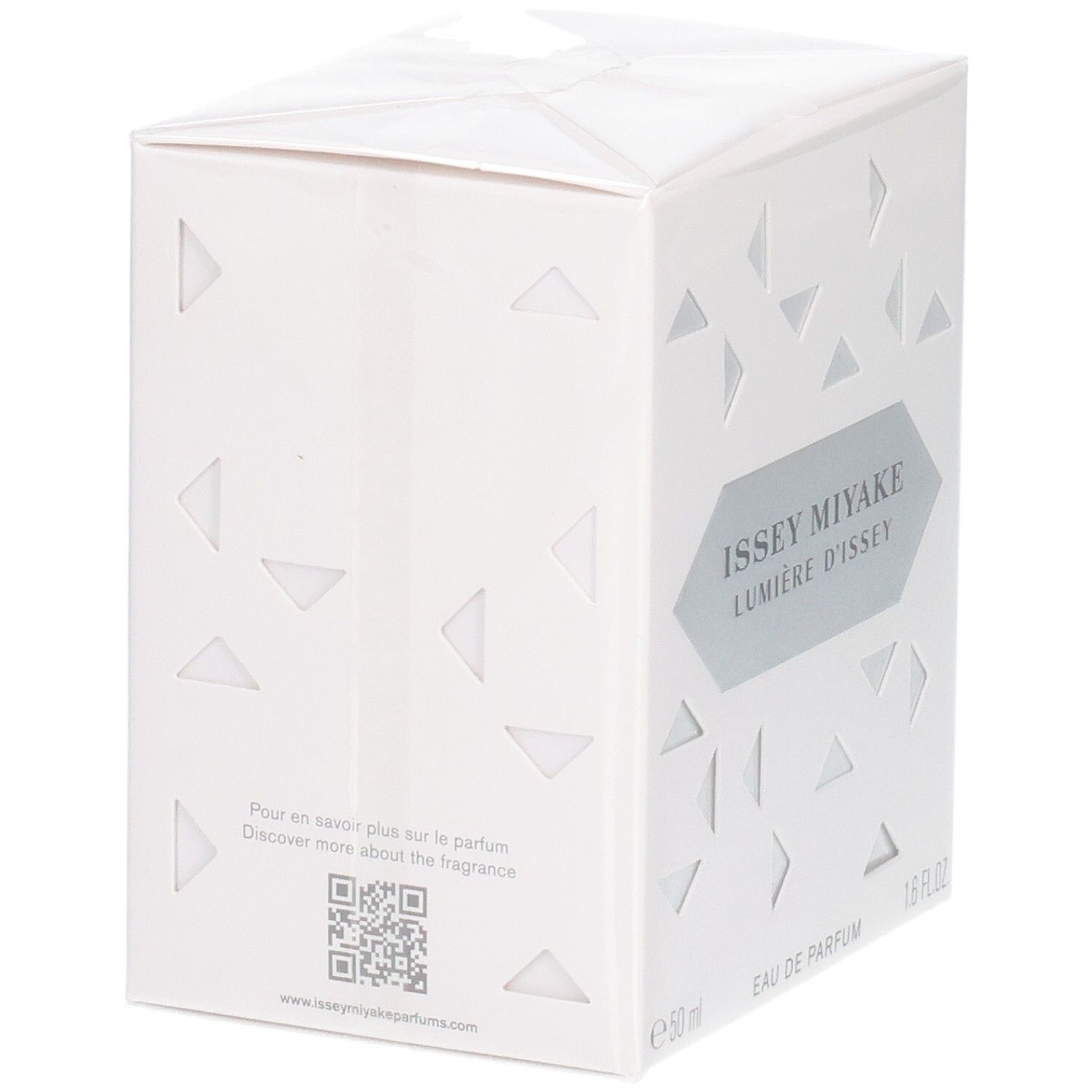 Arrière de la boîte cadeau Issey Miyake Lumière d'Issey Eau de Parfum avec QR code et informations du site web.