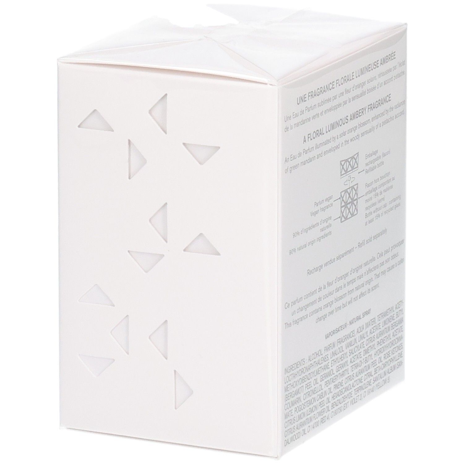 Vue latérale de la boîte cadeau Issey Miyake Lumière d'Issey Eau de Parfum avec motifs géométriques.
