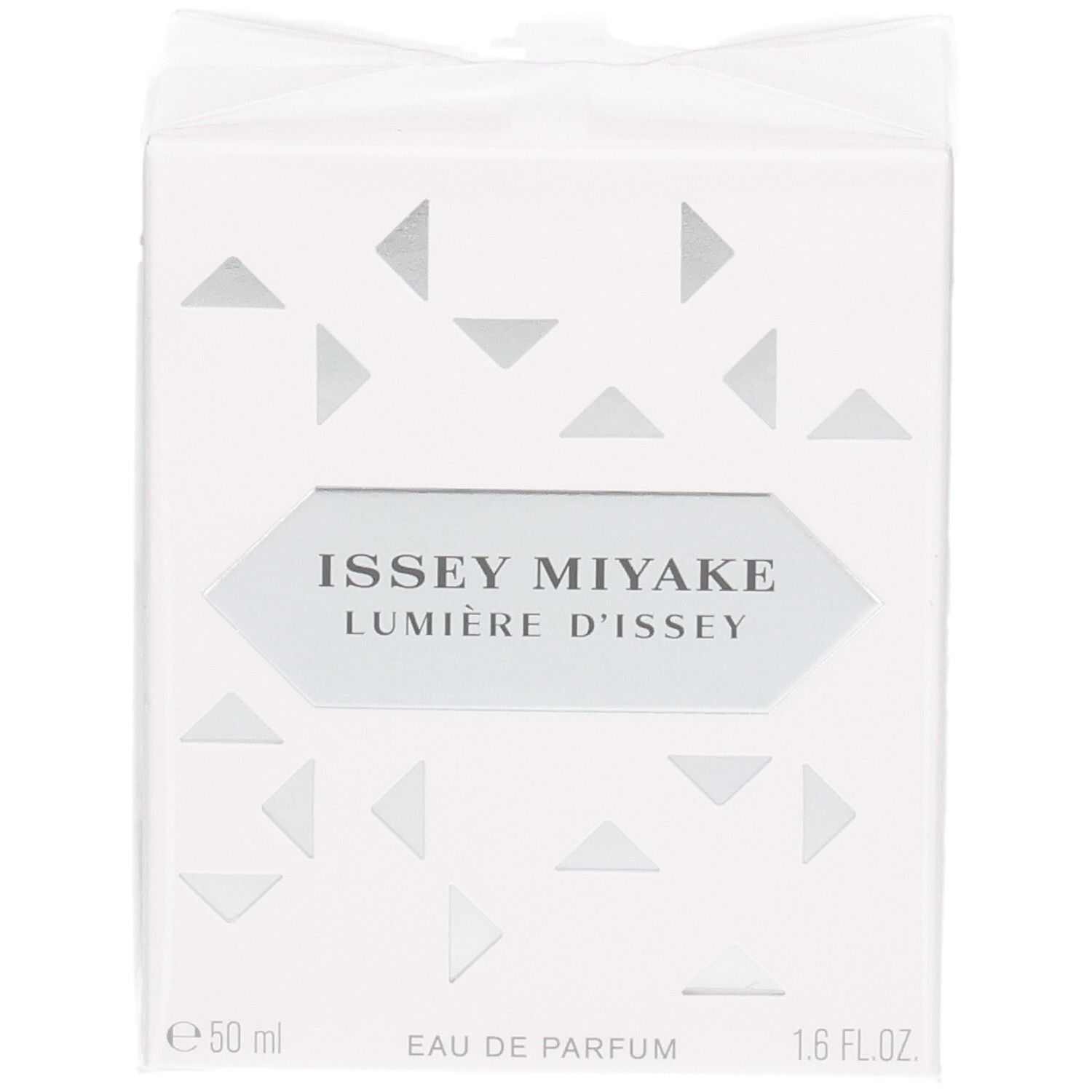 Face avant de la boîte cadeau Issey Miyake Lumière d'Issey Eau de Parfum, 50 ml, avec étiquette argentée.