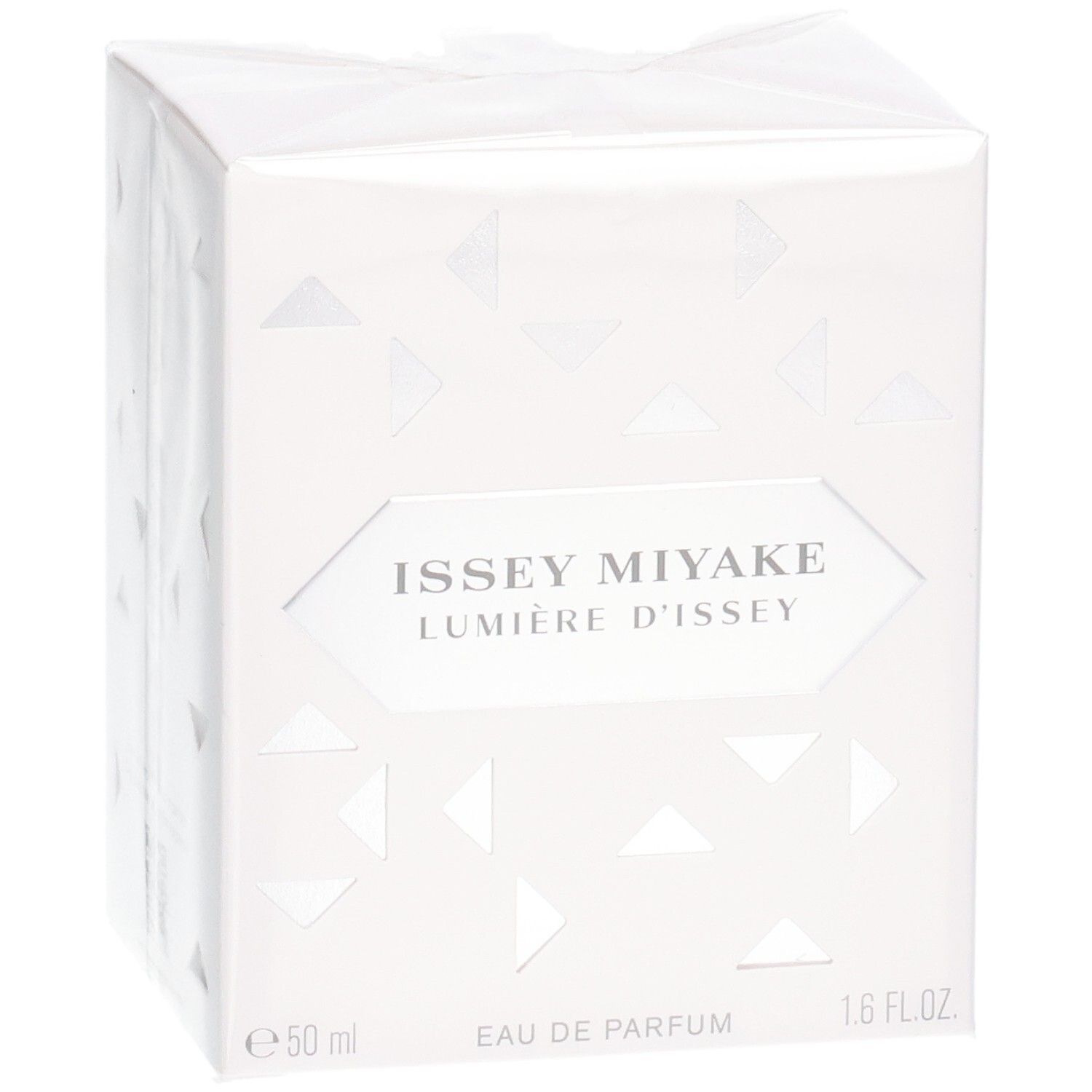 Boîte cadeau Issey Miyake Lumière d'Issey Eau de Parfum, 50 ml, avec étiquette argentée et triangles géométriques.