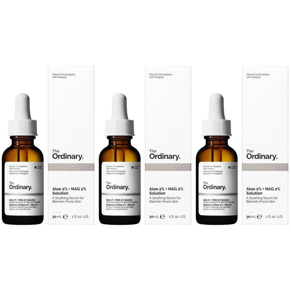 Trois flacons de 'The Ordinary Aloe 2% + NAG 2% Solution' avec pipettes et emballages.