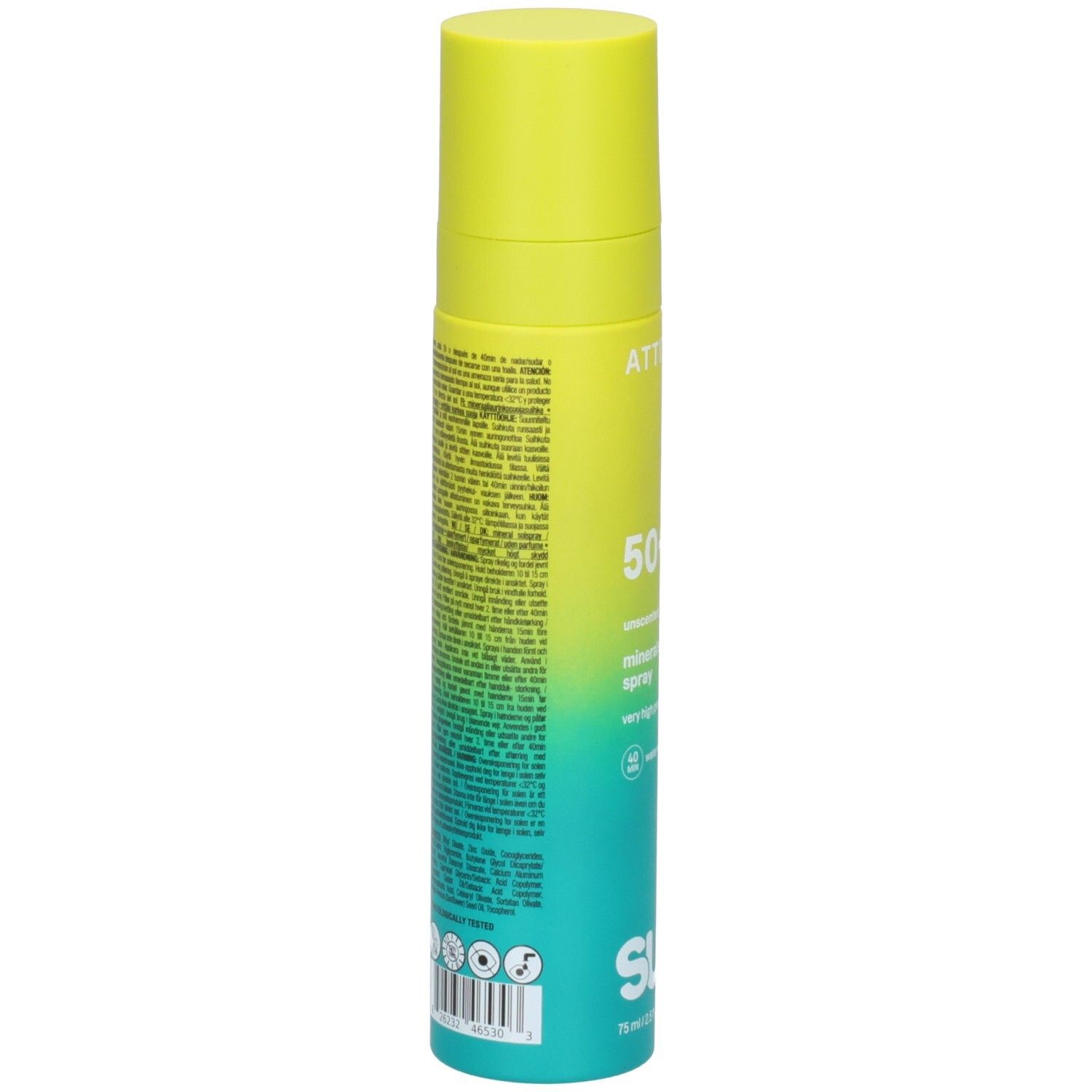 ATTITUDE Spray écran solaire minéral, verso avec ingrédients et certifications.
