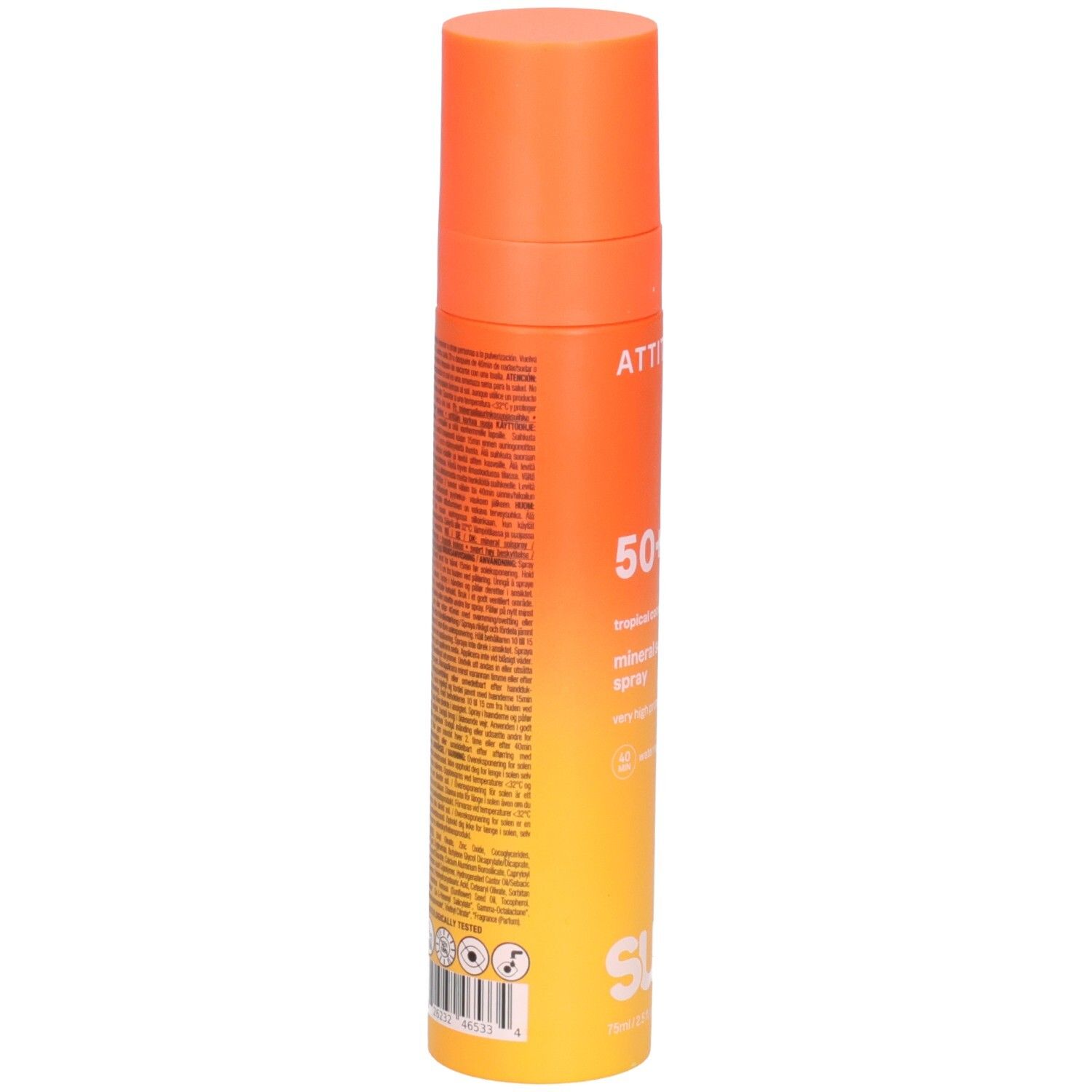 ATTITUDE Spray écran solaire minéral, FPS 50+, Coco Tropical, verso avec ingrédients.