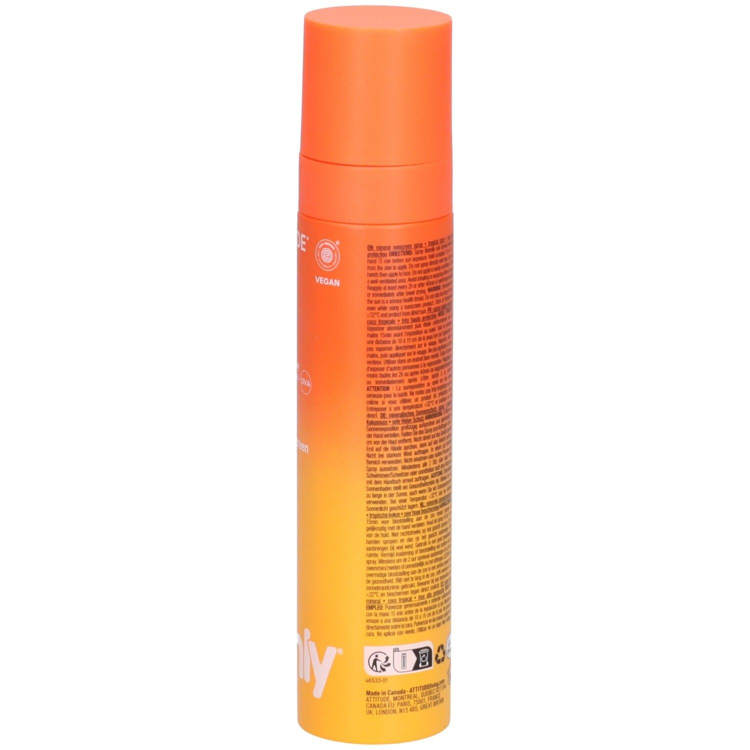 ATTITUDE Spray écran solaire minéral, FPS 50+, Coco Tropical, verso avec ingrédients et sceaux.