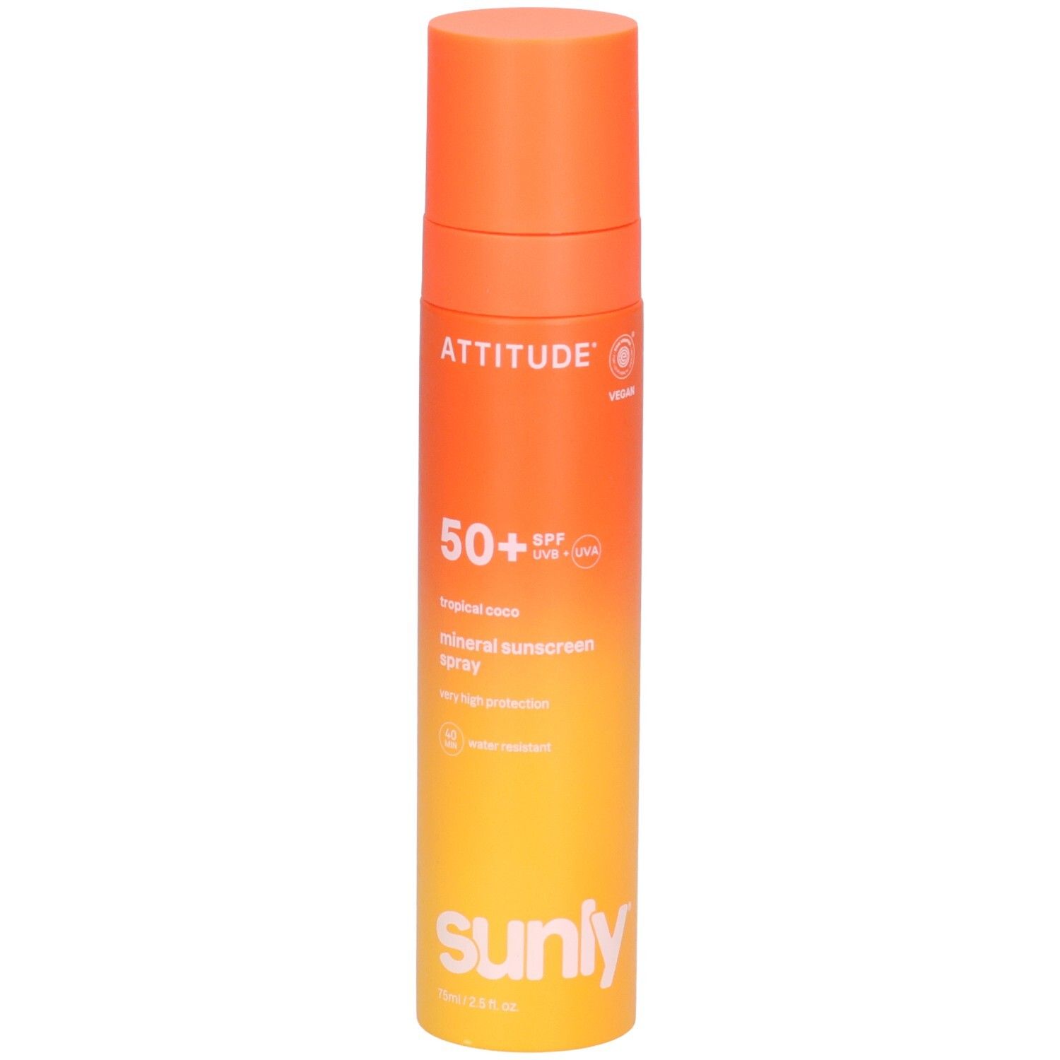 ATTITUDE Spray écran solaire minéral, FPS 50+, Coco Tropical, 75ml, avec symbole soleil.