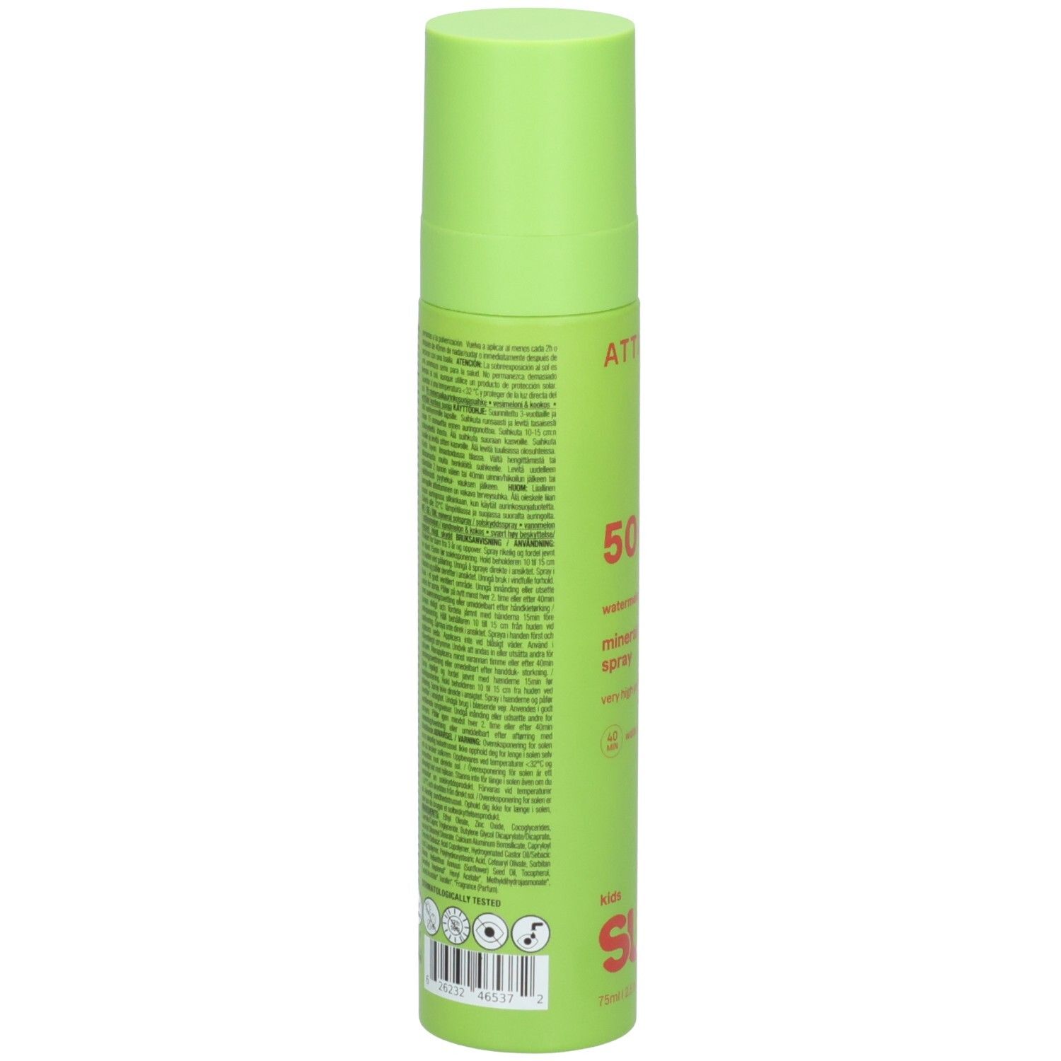 ATTITUDE Spray Solaire Minéral Enfants, verso avec ingrédients et certifications, 75ml.