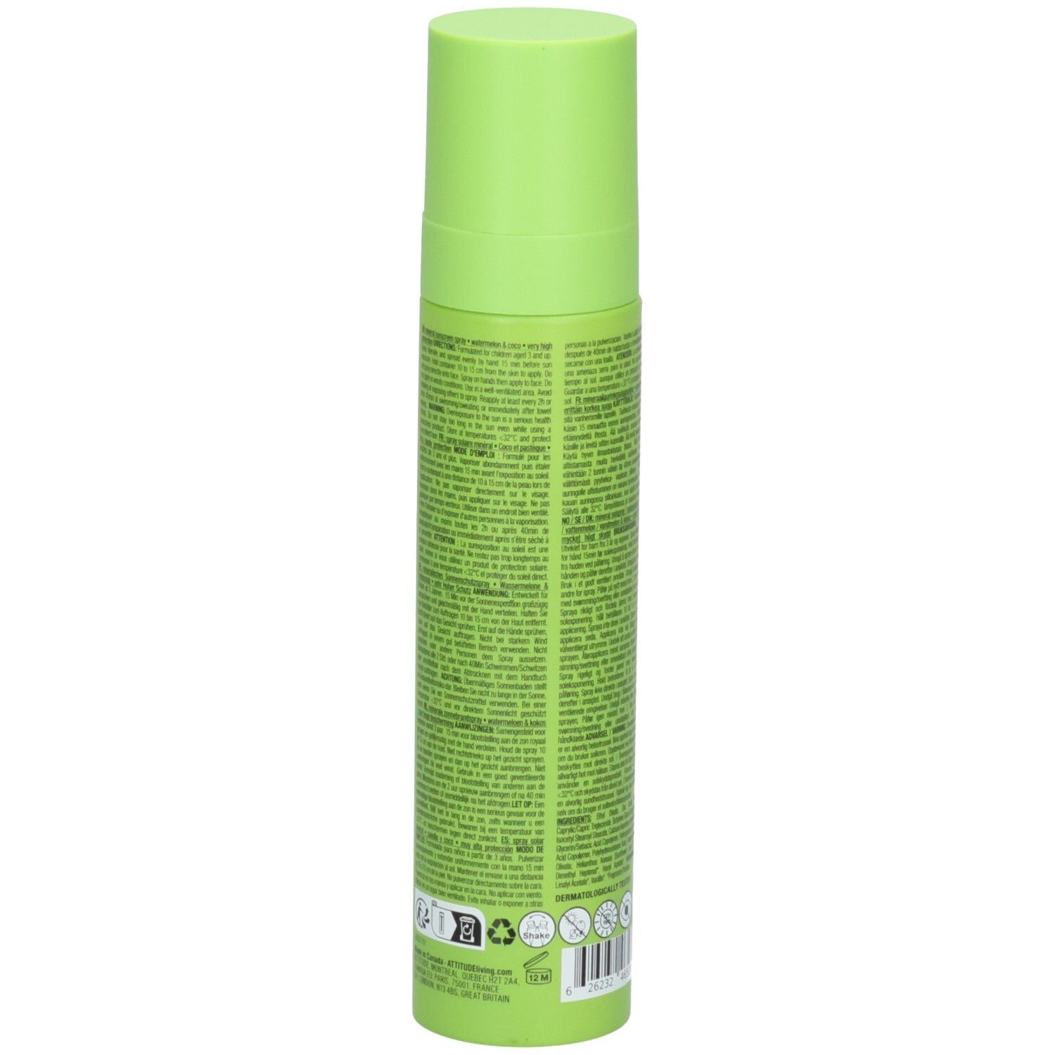ATTITUDE Spray Solaire Minéral Enfants, verso avec ingrédients et certifications, 75ml.