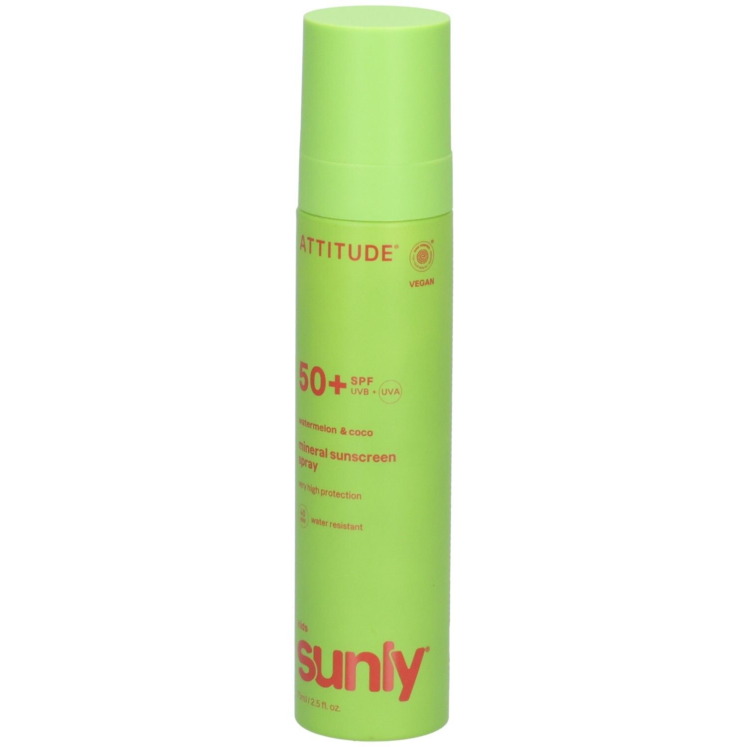 ATTITUDE Spray Solaire Minéral Enfants, SPF 50+, Melon d'eau & Coco, vegan, 75ml.