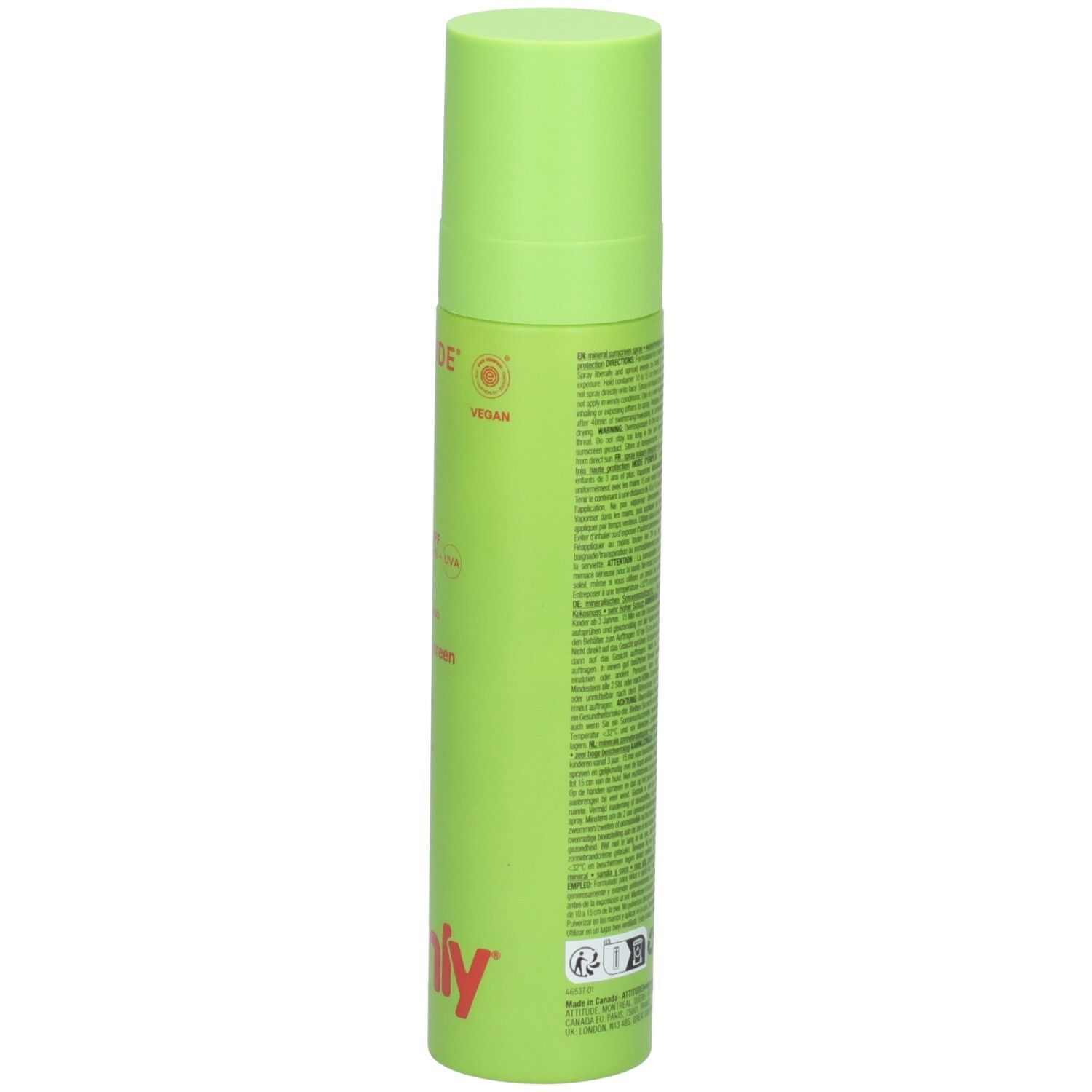 ATTITUDE Spray Solaire Minéral Enfants, verso avec ingrédients et certifications, 75ml.