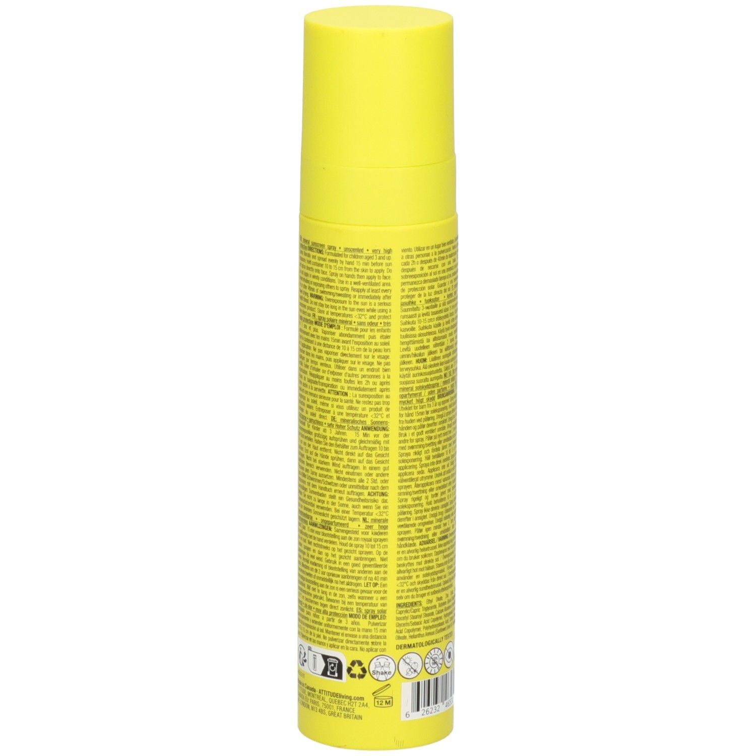 ATTITUDE Spray écran solaire minéral pour enfants, FPS 50+, verso avec instructions et symboles.