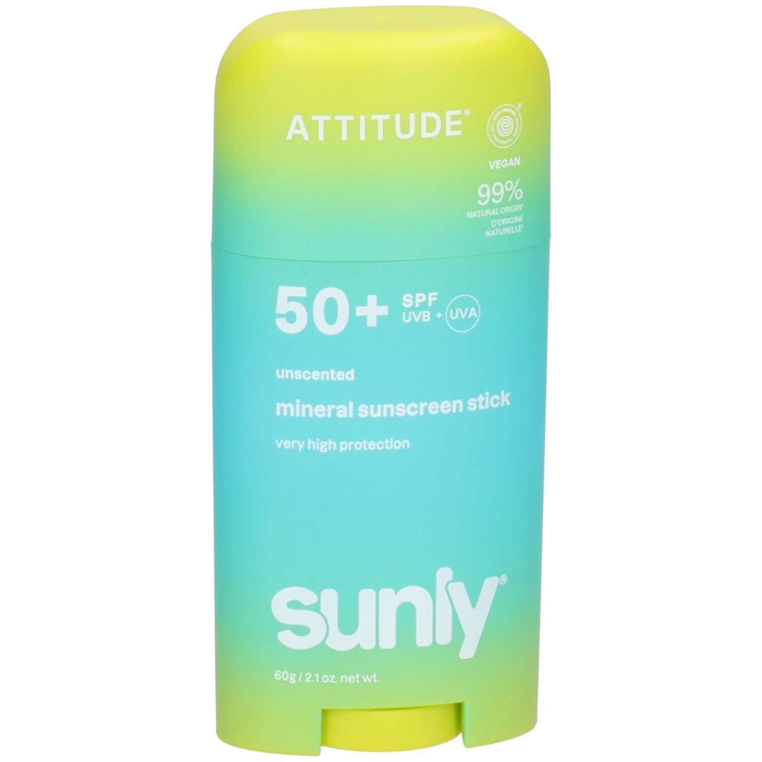 ATTITUDE Stick écran solaire minéral FPS 50+, sans parfum, 60g. Dégradé jaune-turquoise.