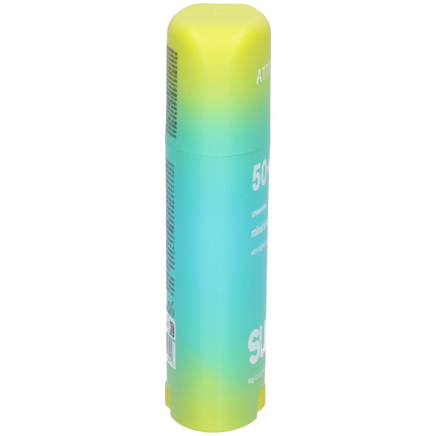 ATTITUDE Stick écran solaire minéral FPS 50+, sans parfum, 60g. Vue latérale.