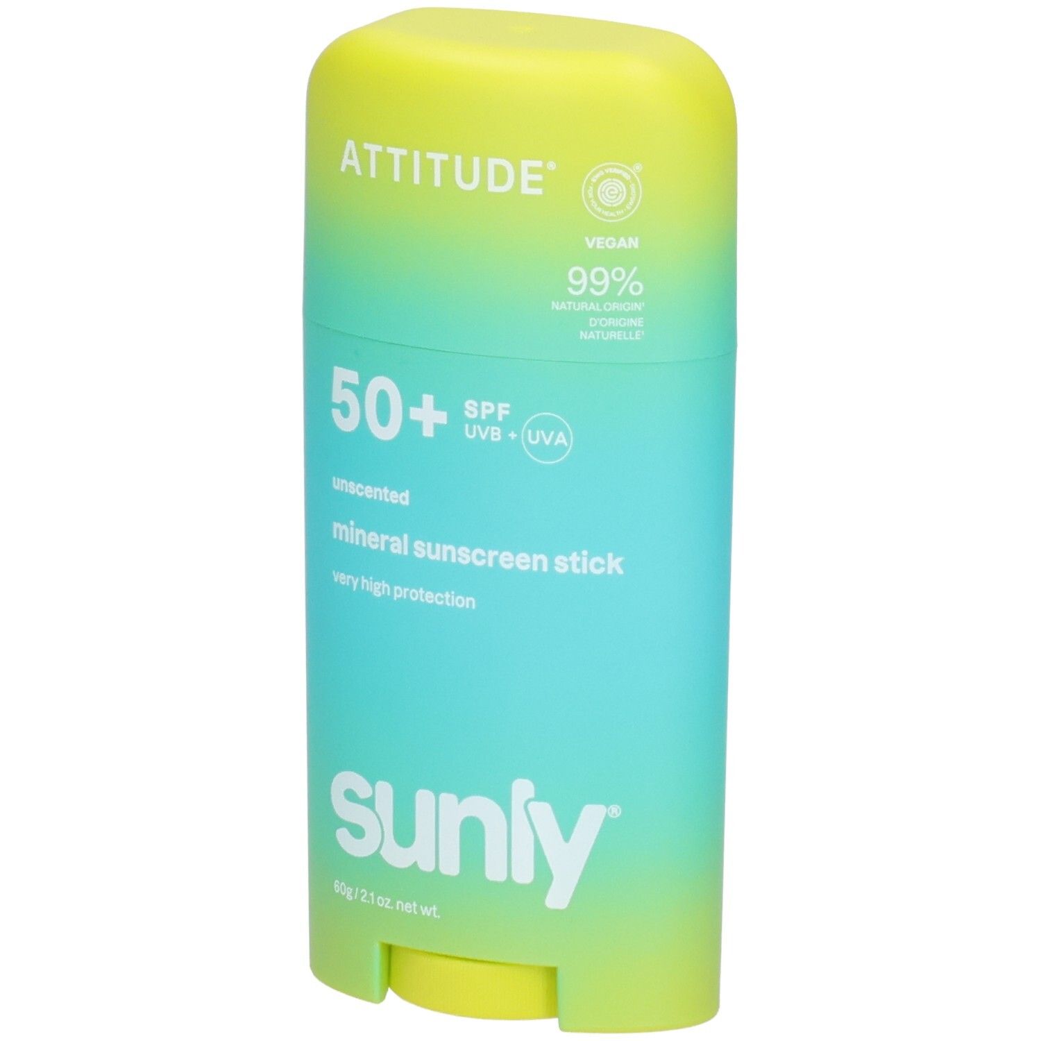 ATTITUDE Stick écran solaire minéral FPS 50+, sans parfum, 60g. Dégradé jaune-turquoise.