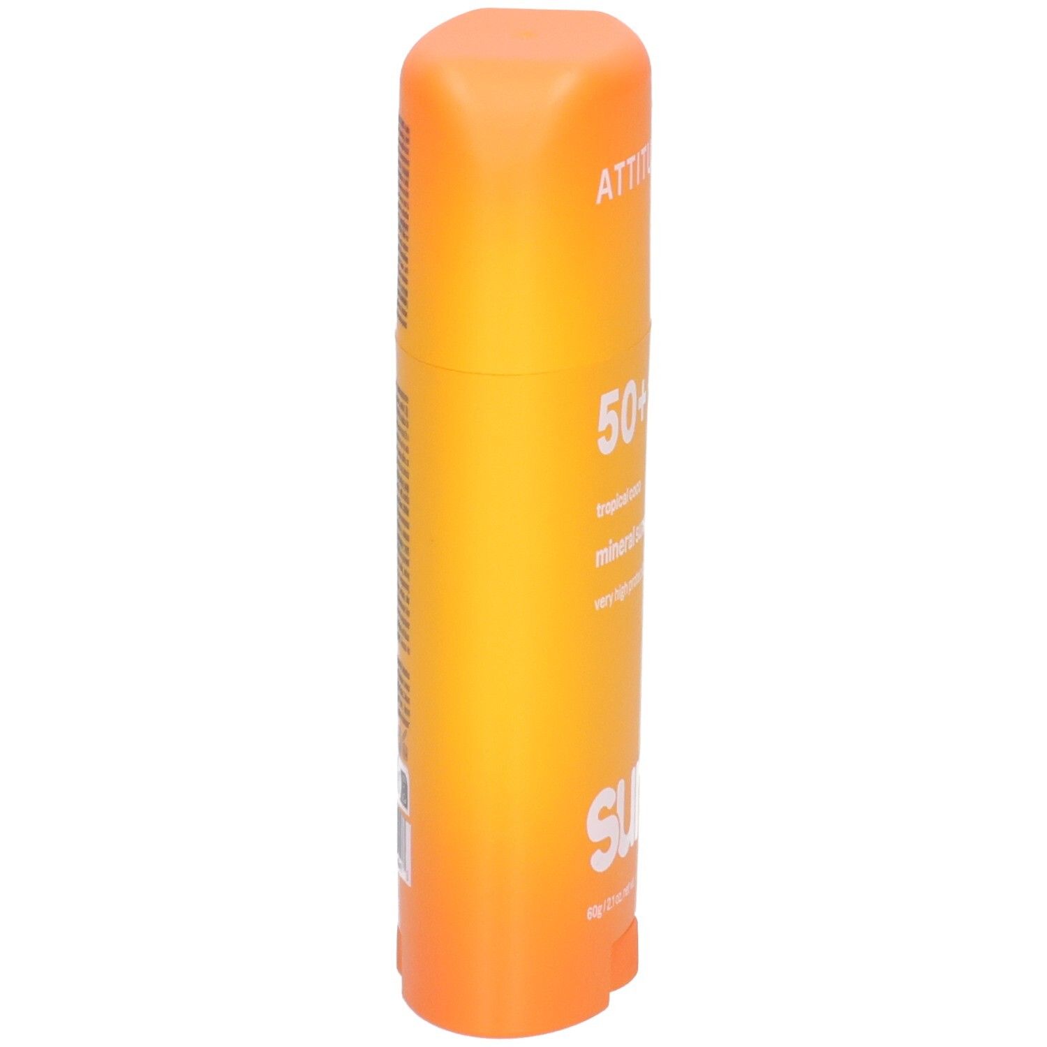 ATTITUDE Stick écran solaire minéral SPF 50, Tropical Coco, 60g. Vue latérale du stick orange-jaune.